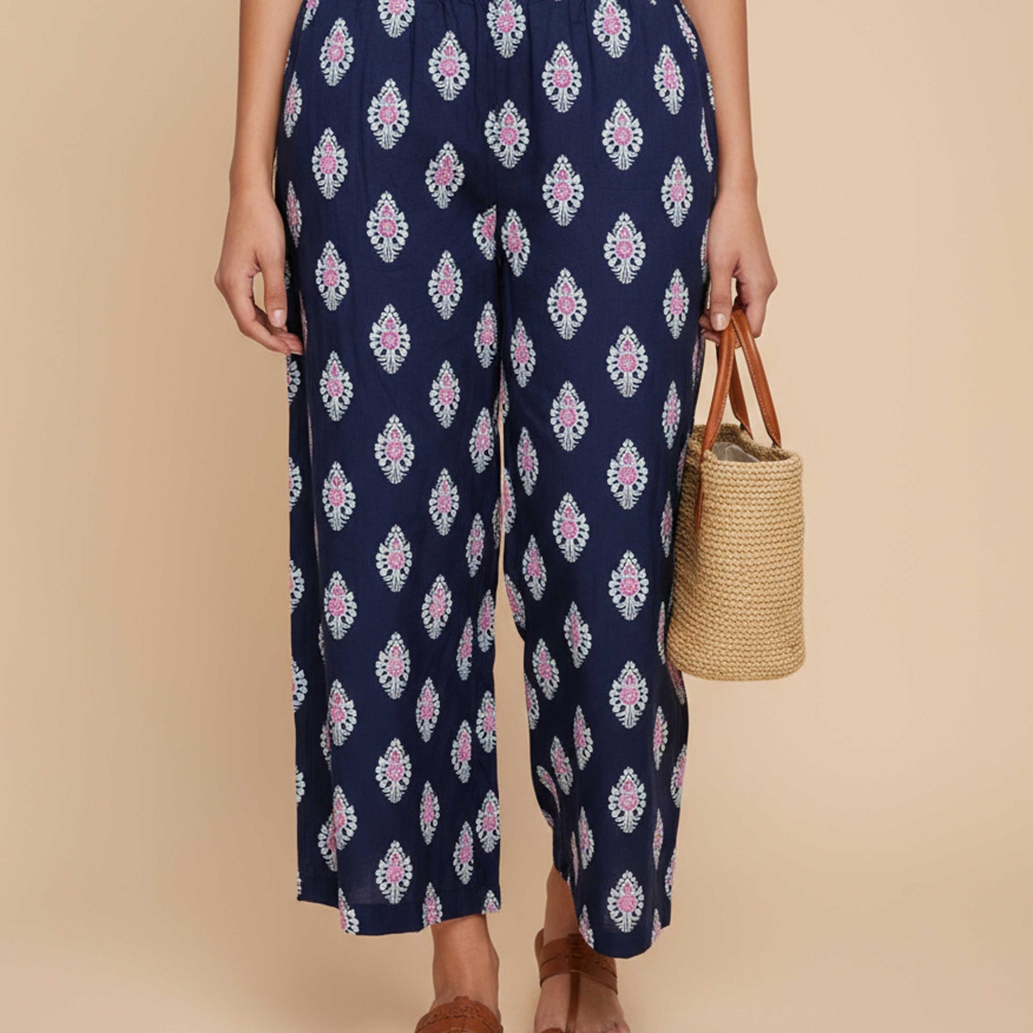 Women's Printed Wide-Leg Palazzo Pant with Elasticated Waistband -Dark Blue