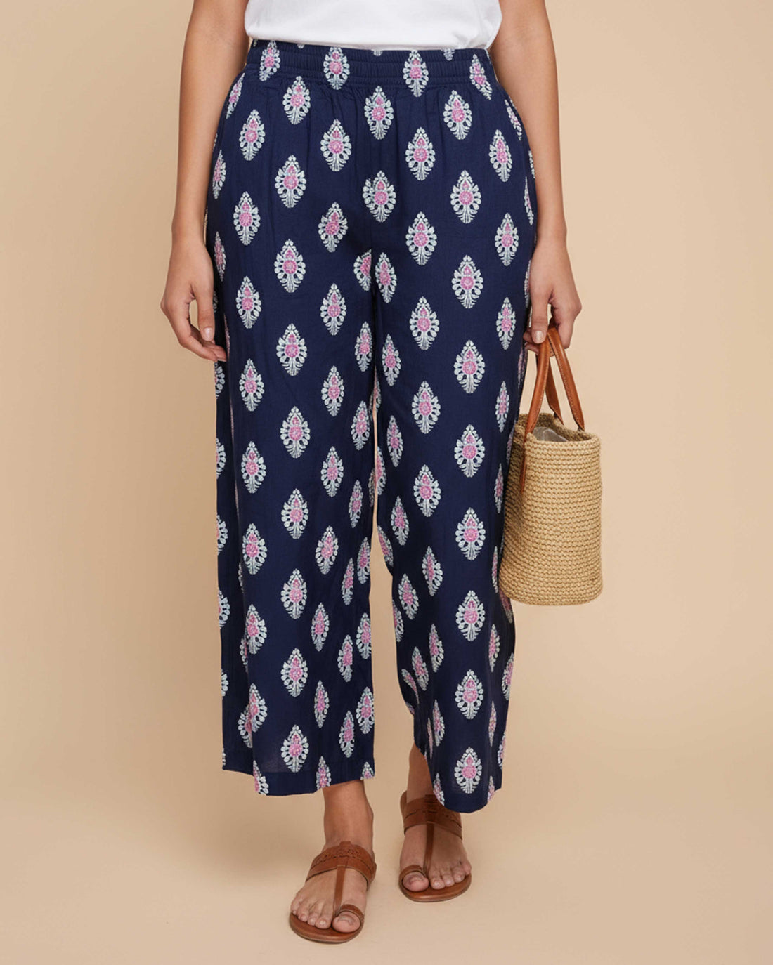 Women's Printed Wide-Leg Palazzo Pant with Elasticated Waistband -Dark Blue