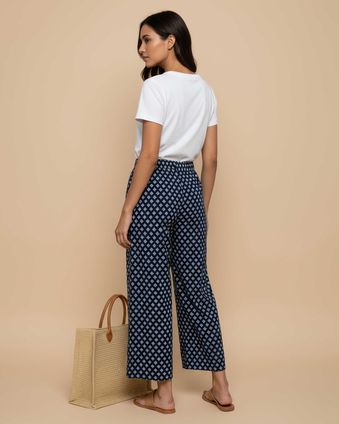 Women's Printed Wide-Leg Palazzo Pant with Elasticated Waistband -Navy Blue