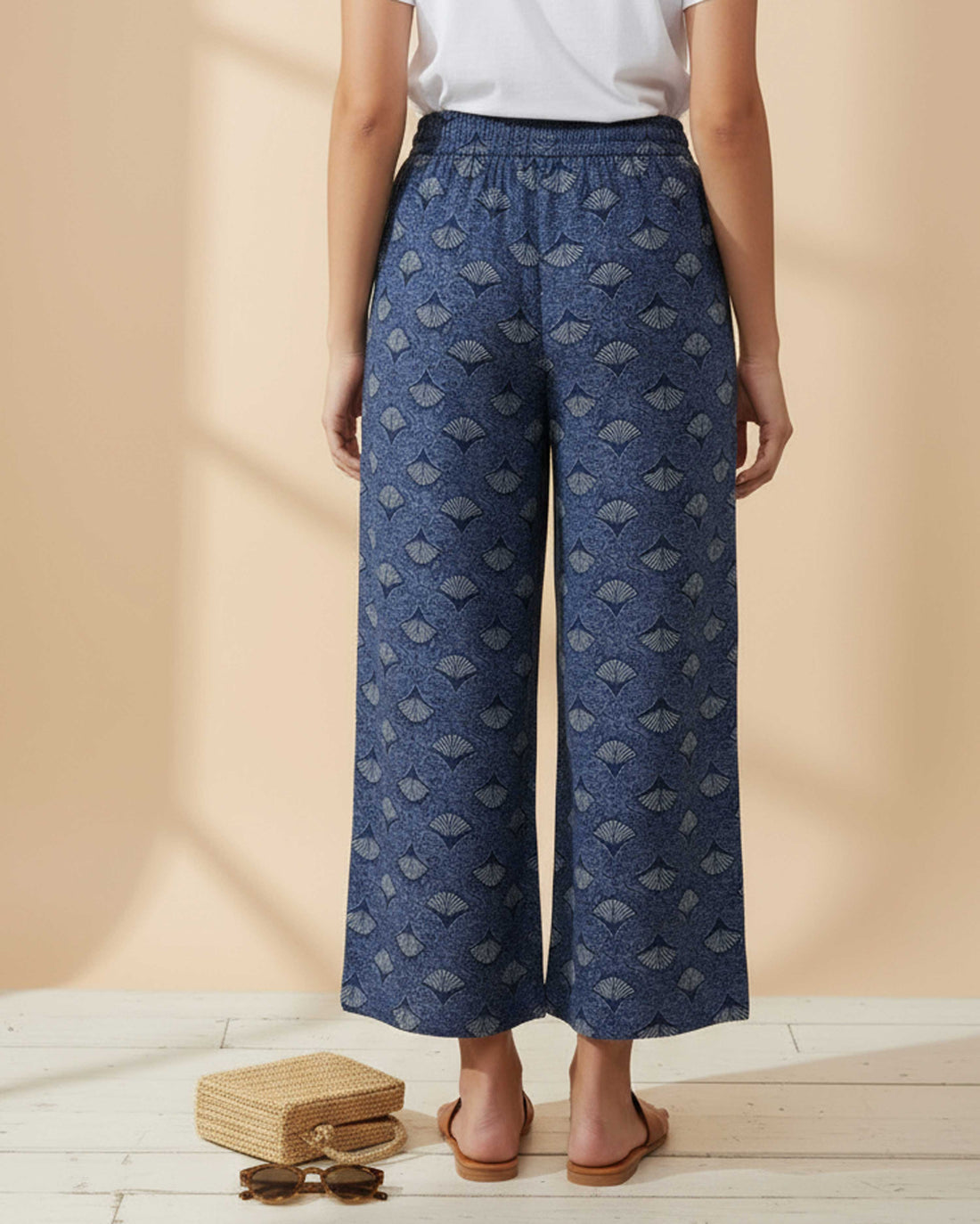 Women's Printed Wide-Leg Palazzo Pant with Elasticated Waistband -Navy Blue-FRONT