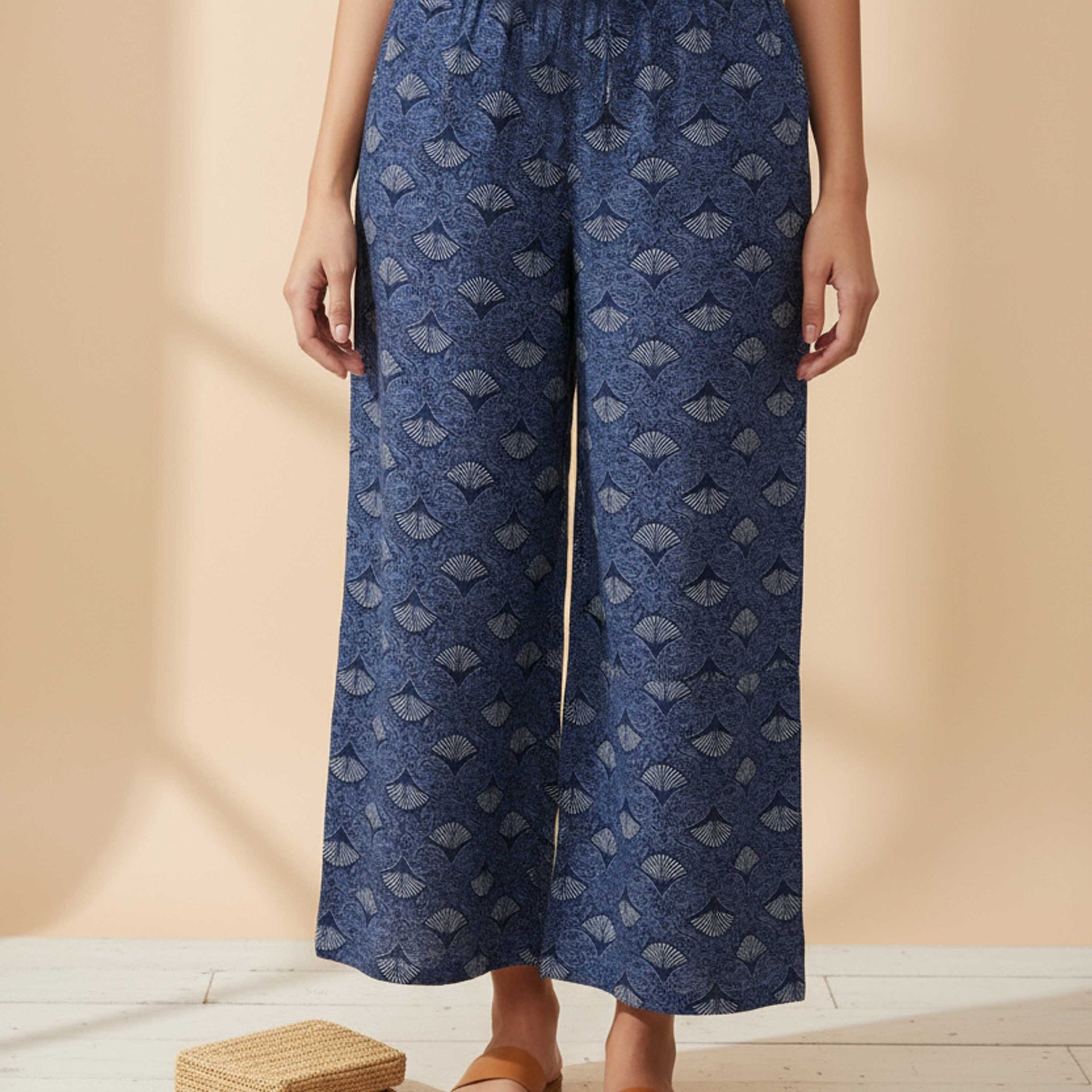 Women's Printed Wide-Leg Palazzo Pant with Elasticated Waistband -Navy Blue-FRONT