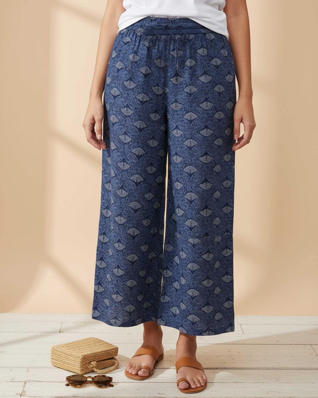 Women's Printed Wide-Leg Palazzo Pant with Elasticated Waistband -Navy Blue-FRONT
