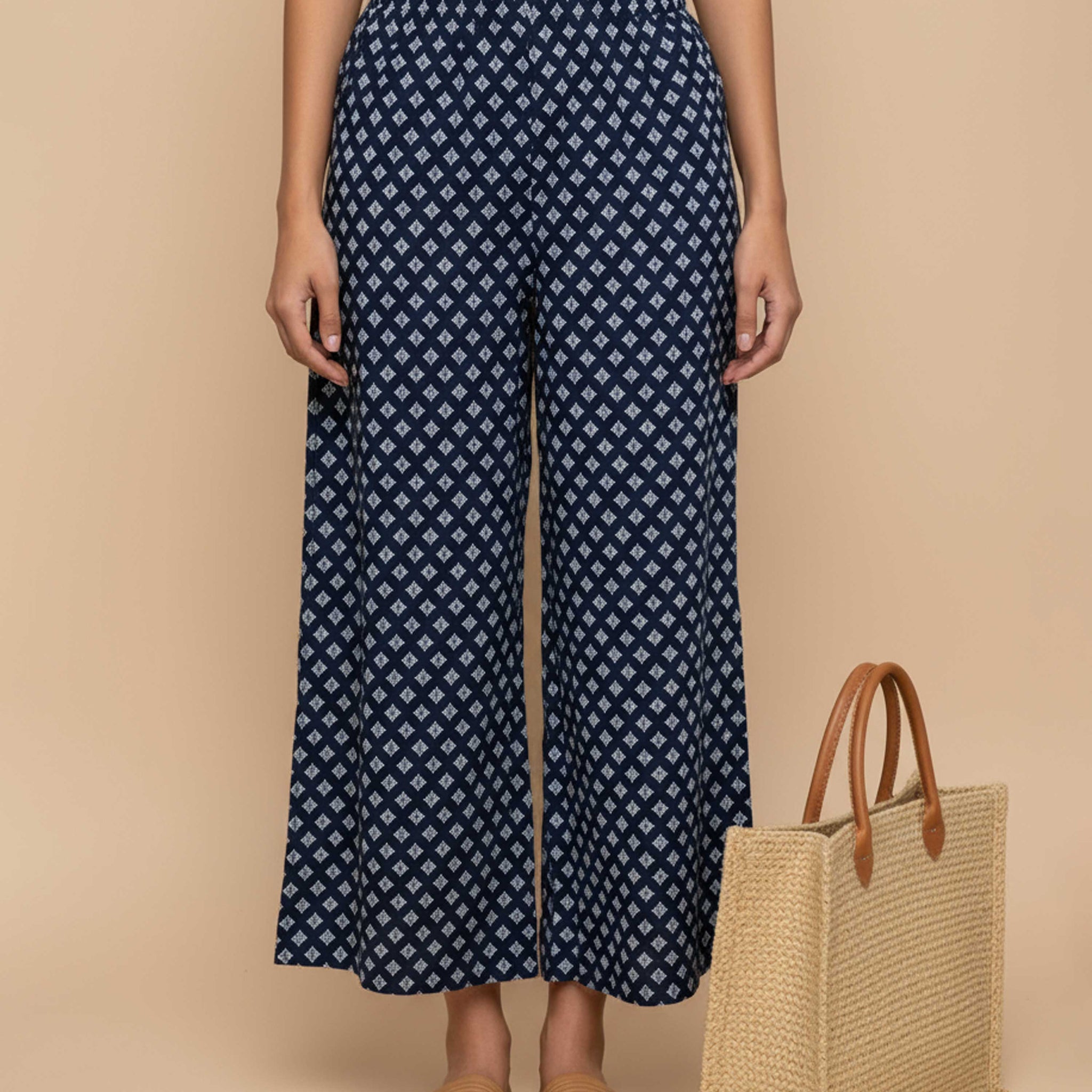 Women's Printed Wide-Leg Palazzo Pant with Elasticated Waistband -Navy Blue