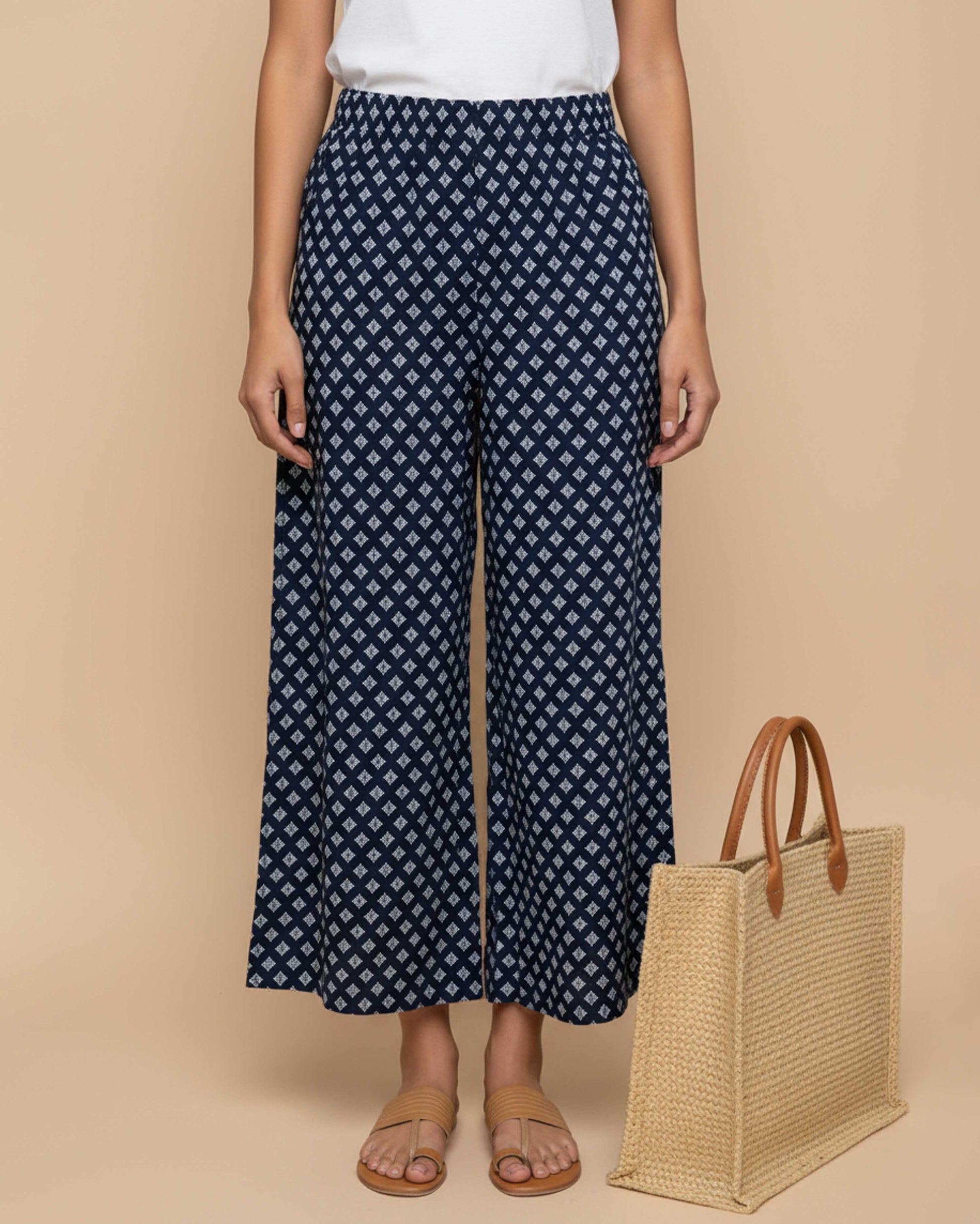 Women's Printed Wide-Leg Palazzo Pant with Elasticated Waistband -Navy Blue