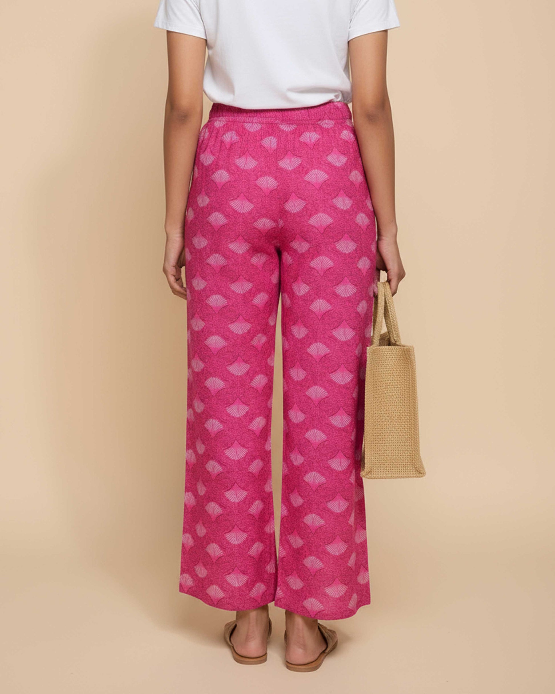 Women's Printed Wide-Leg Palazzo Pant with Elasticated Waistband -Pink-Image