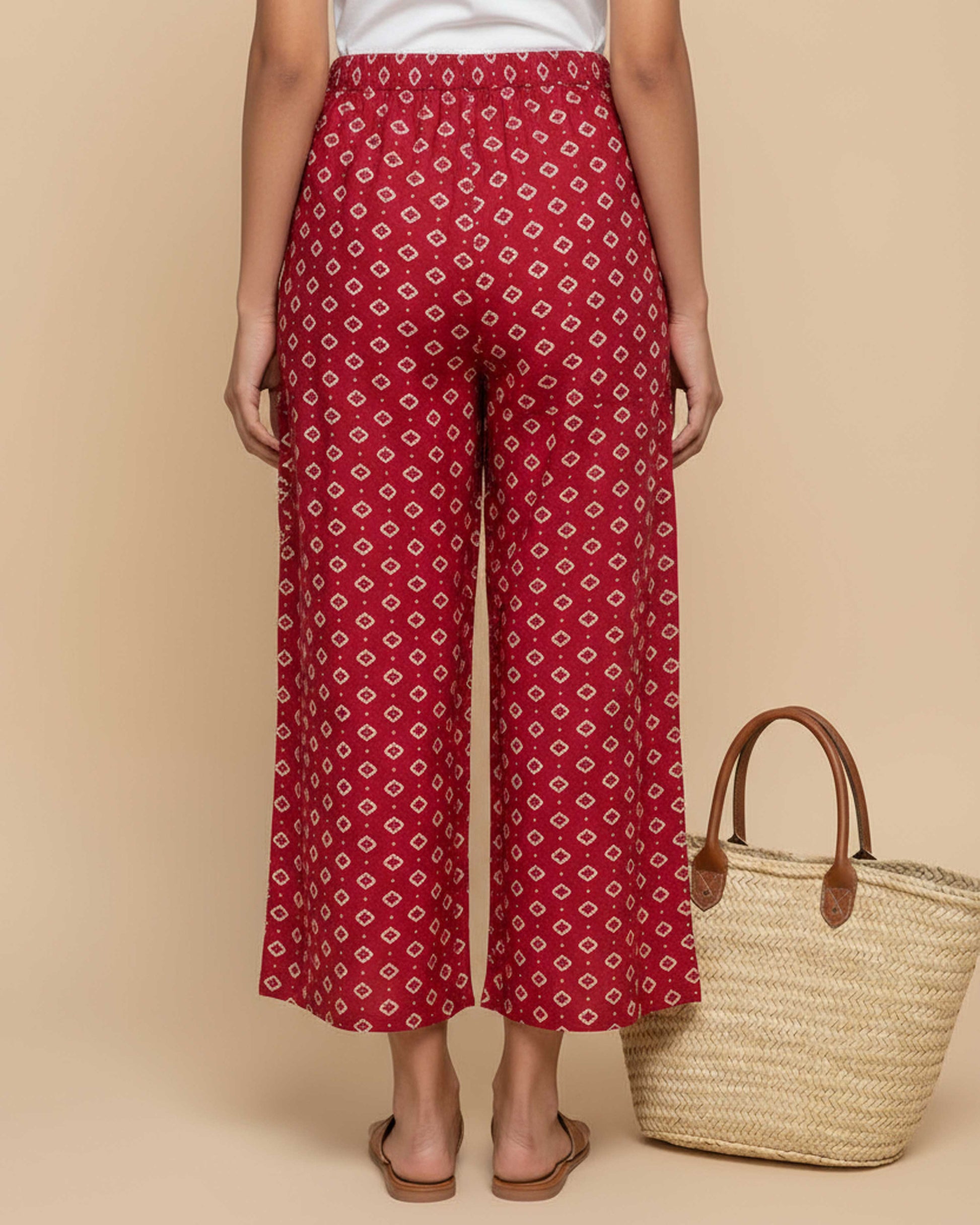Women's Printed Wide-Leg Palazzo Pant with Elasticated Waistband -Red-Back