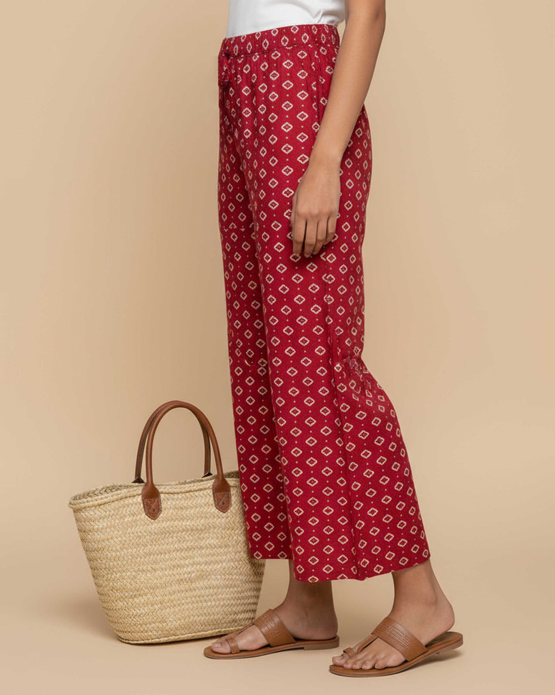 Women's Printed Wide-Leg Palazzo Pant with Elasticated Waistband -Red