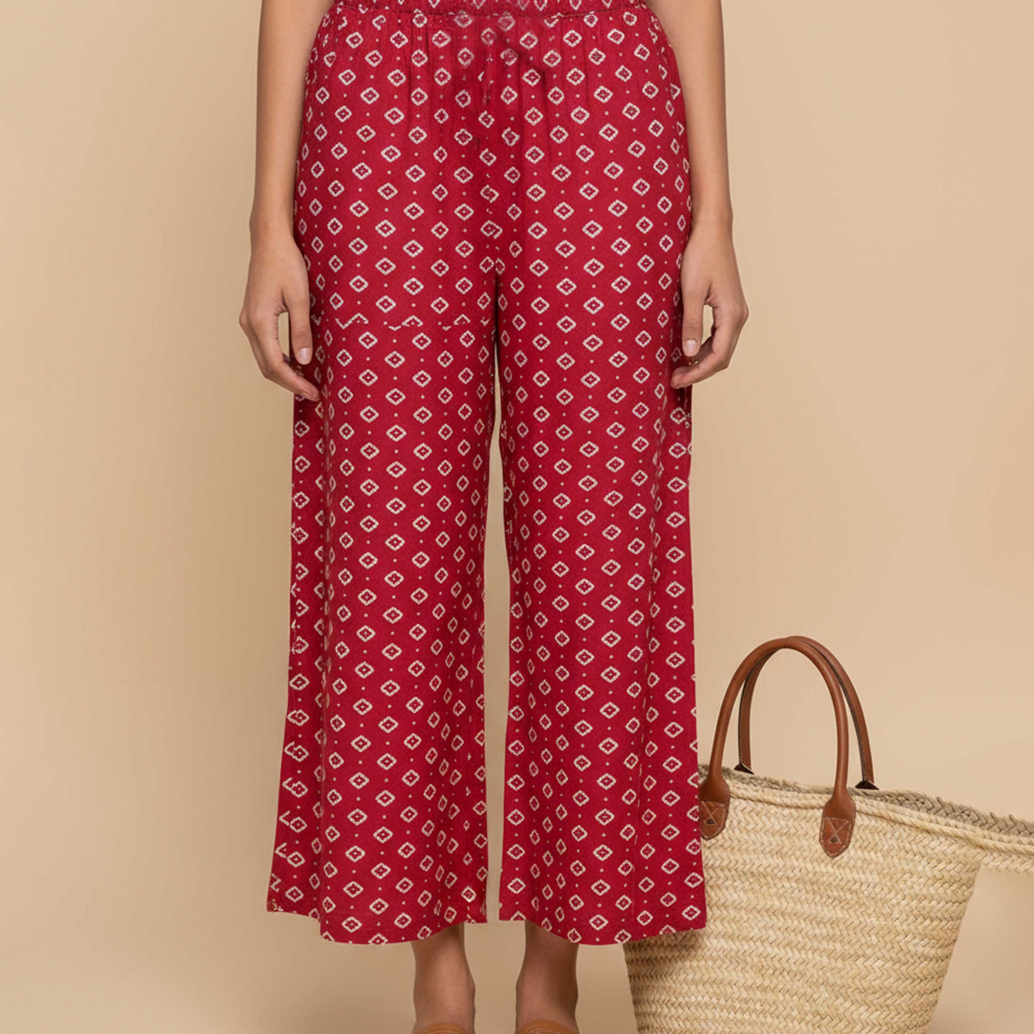 Women's Printed Wide-Leg Palazzo Pant with Elasticated Waistband -Red