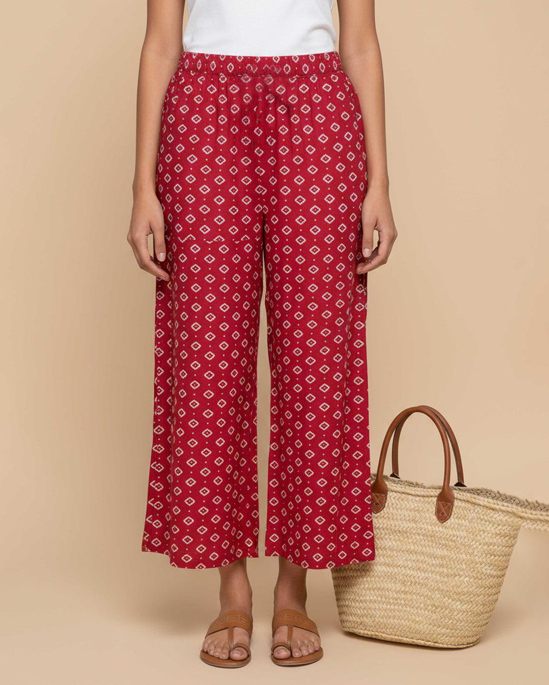 Women's Printed Wide-Leg Palazzo Pant with Elasticated Waistband -Red