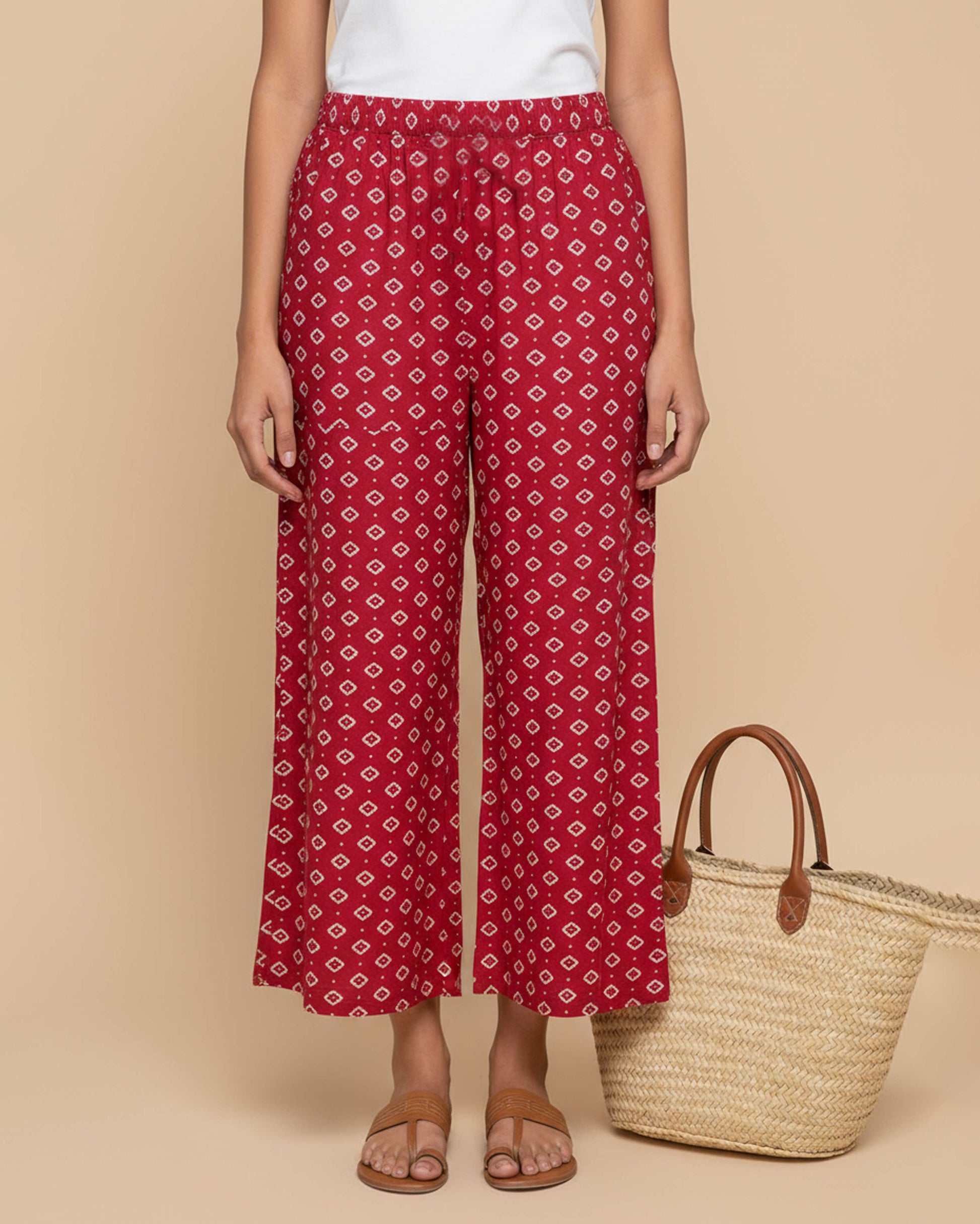 Women's Printed Wide-Leg Palazzo Pant with Elasticated Waistband -Red