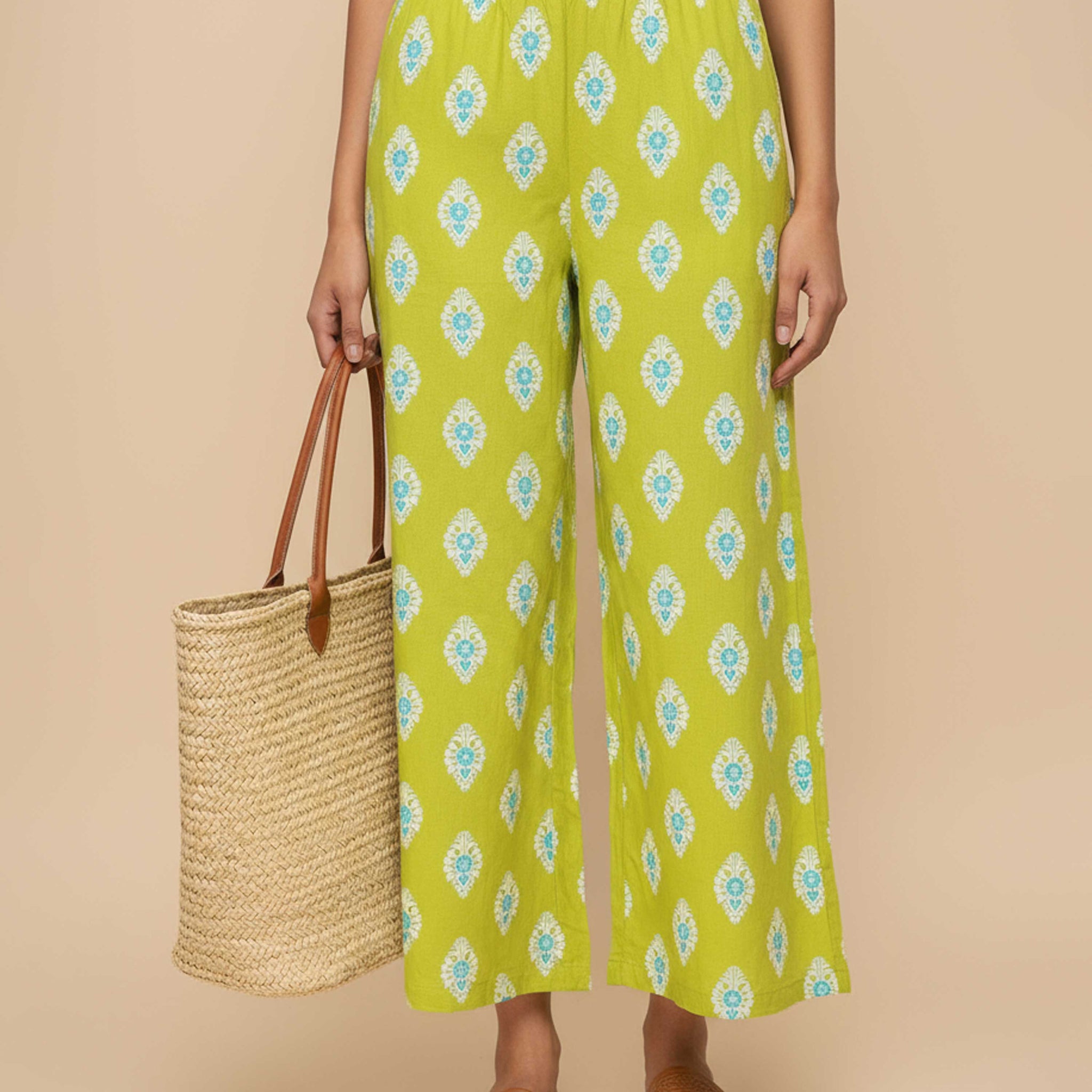 Women's Printed Wide-Leg Palazzo Pant with Elasticated Waistband - Green-Main