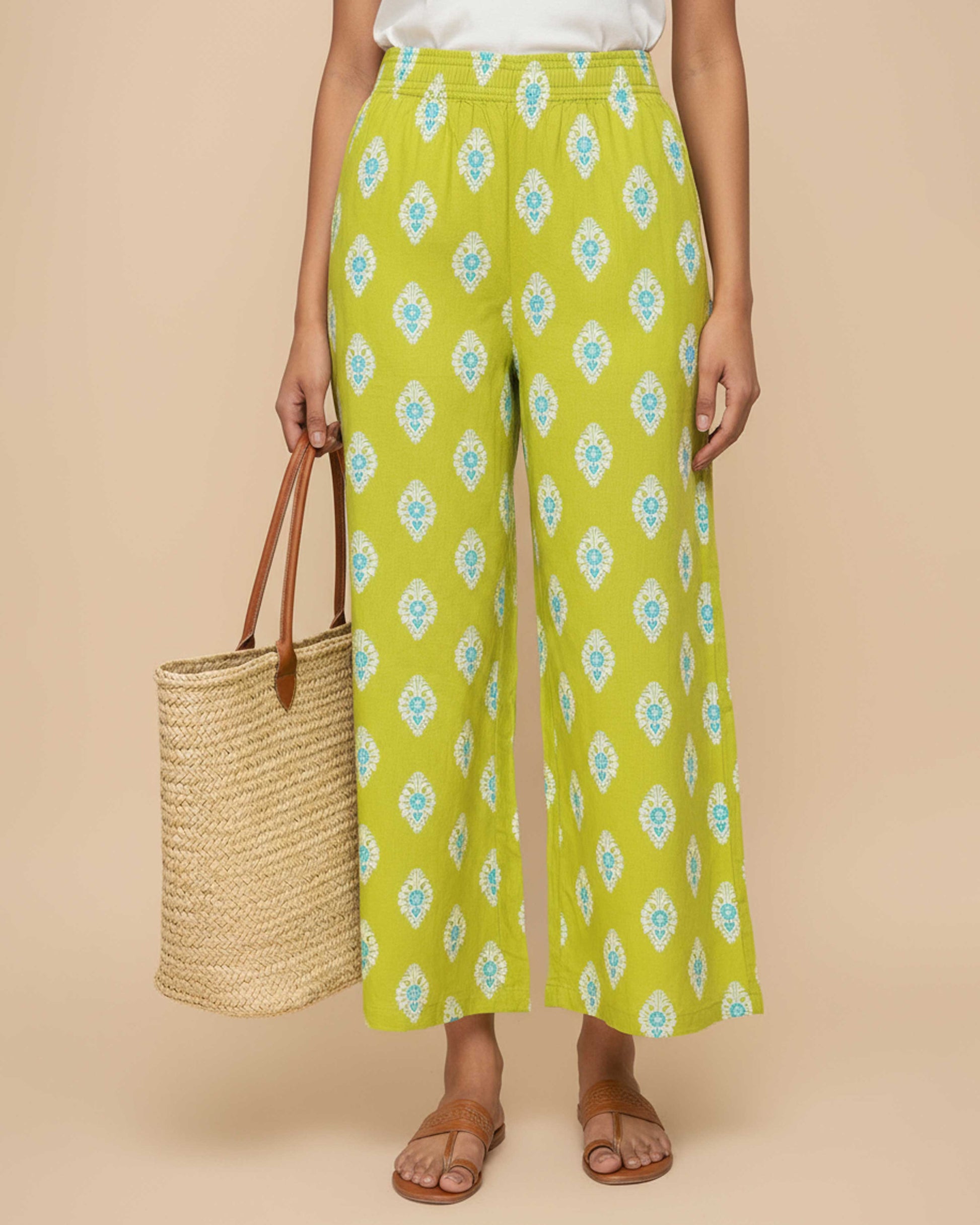 Women's Printed Wide-Leg Palazzo Pant with Elasticated Waistband - Green-Main
