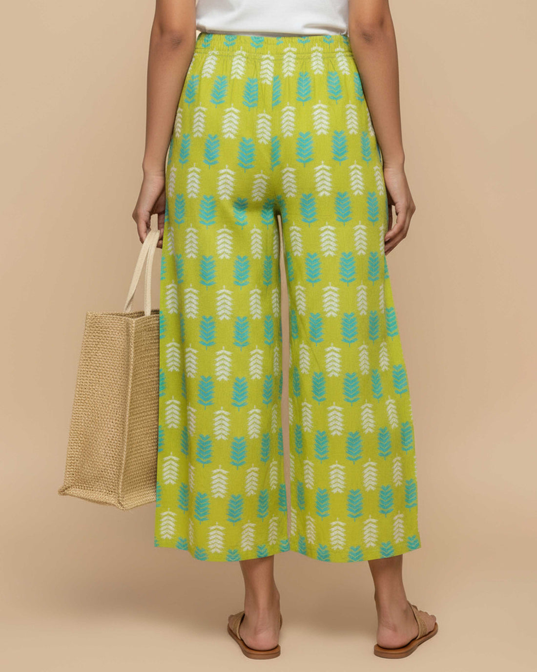 Women's Printed Wide-Leg Palazzo Pant with Elasticated Waistband - Green-Printed