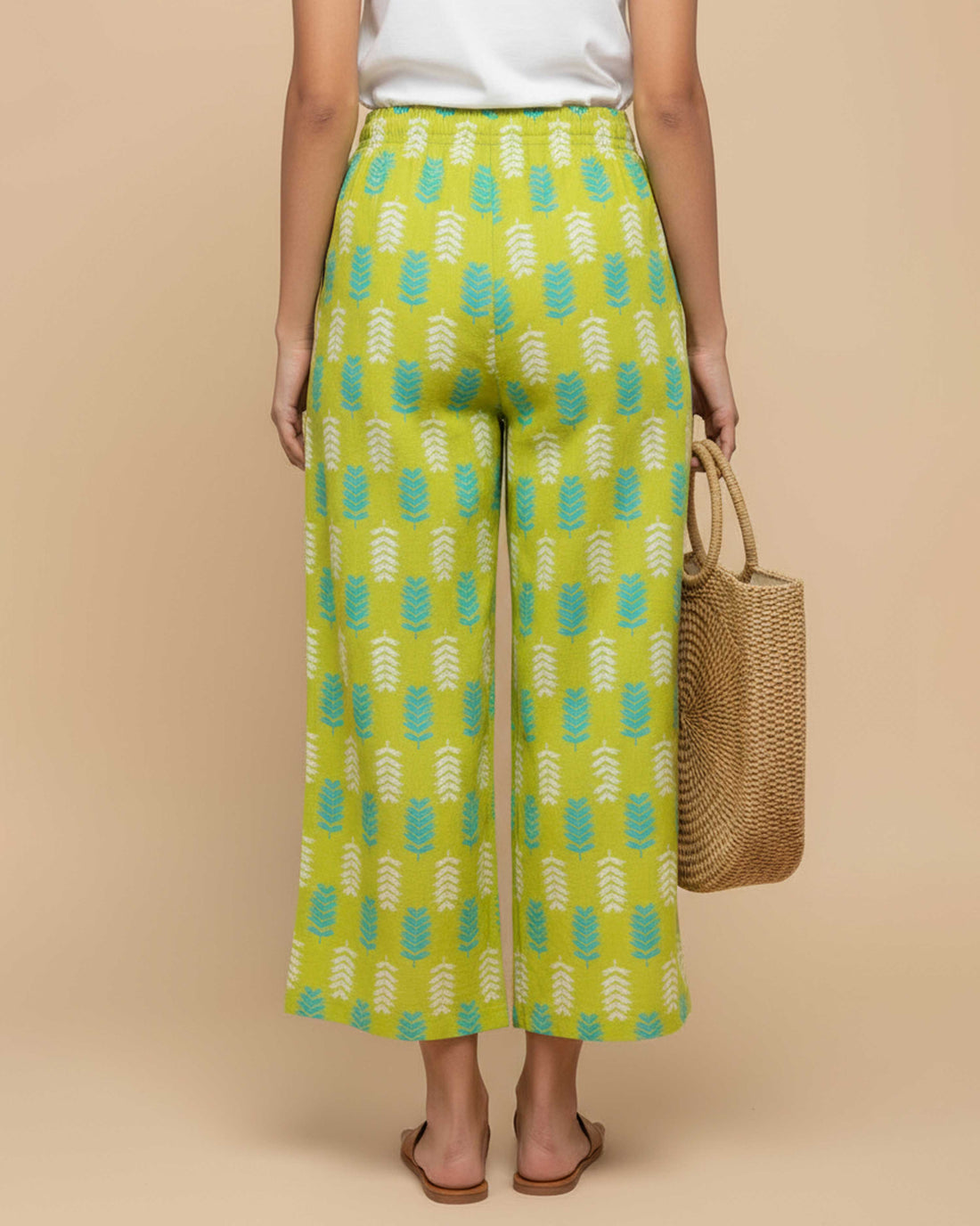 Women's Printed Wide-Leg Palazzo Pant with Elasticated Waistband - Green-FRONT