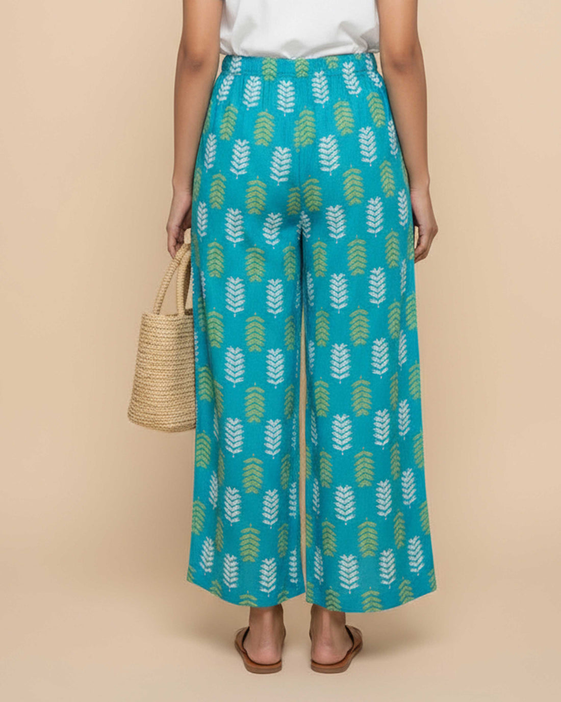 Women's Printed Wide-Leg Palazzo Pant with Elasticated Waistband - Blue-Front