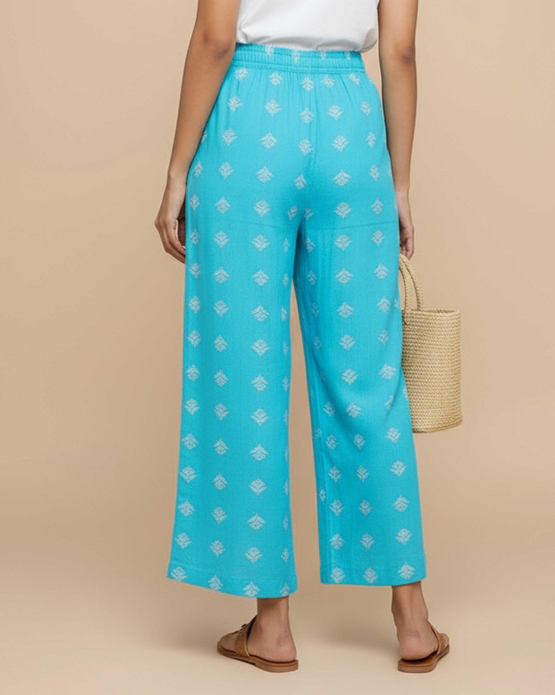 Women's Printed Wide-Leg Palazzo Pant with Elasticated Waistband - Blue-Back