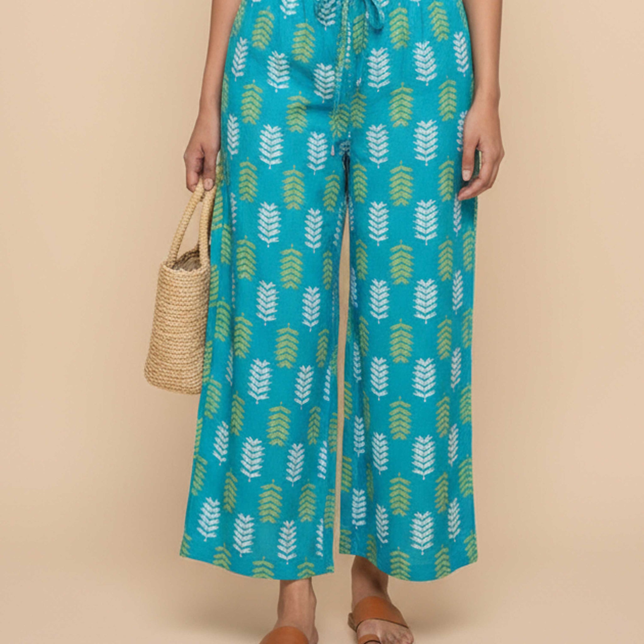 Women's Printed Wide-Leg Palazzo Pant with Elasticated Waistband - Blue-Front