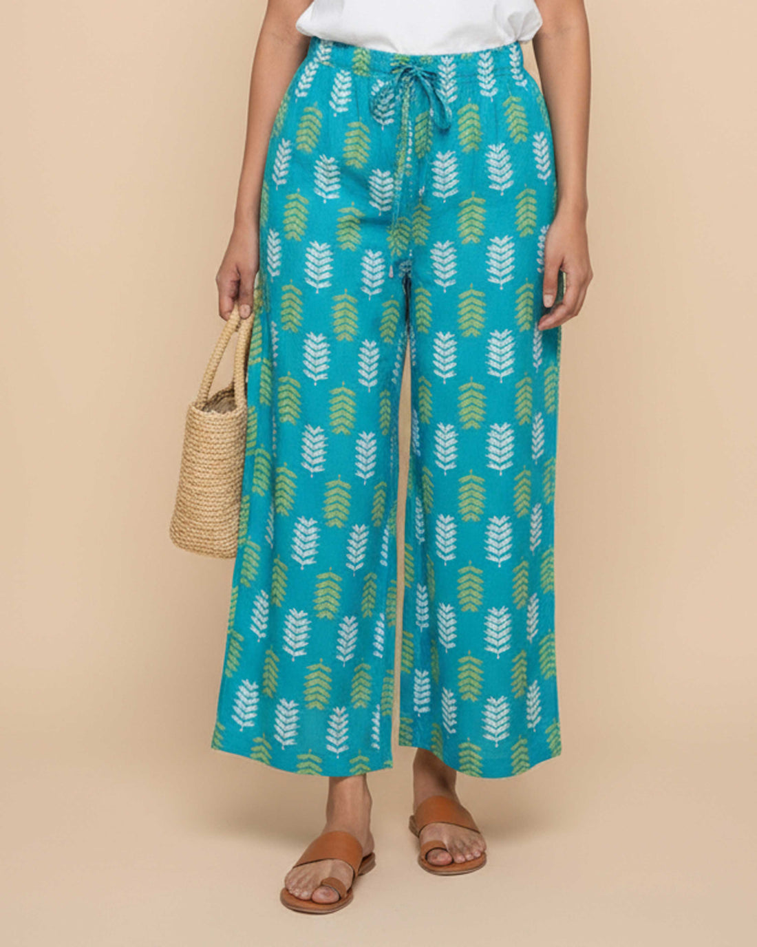 Women's Printed Wide-Leg Palazzo Pant with Elasticated Waistband - Blue-Front