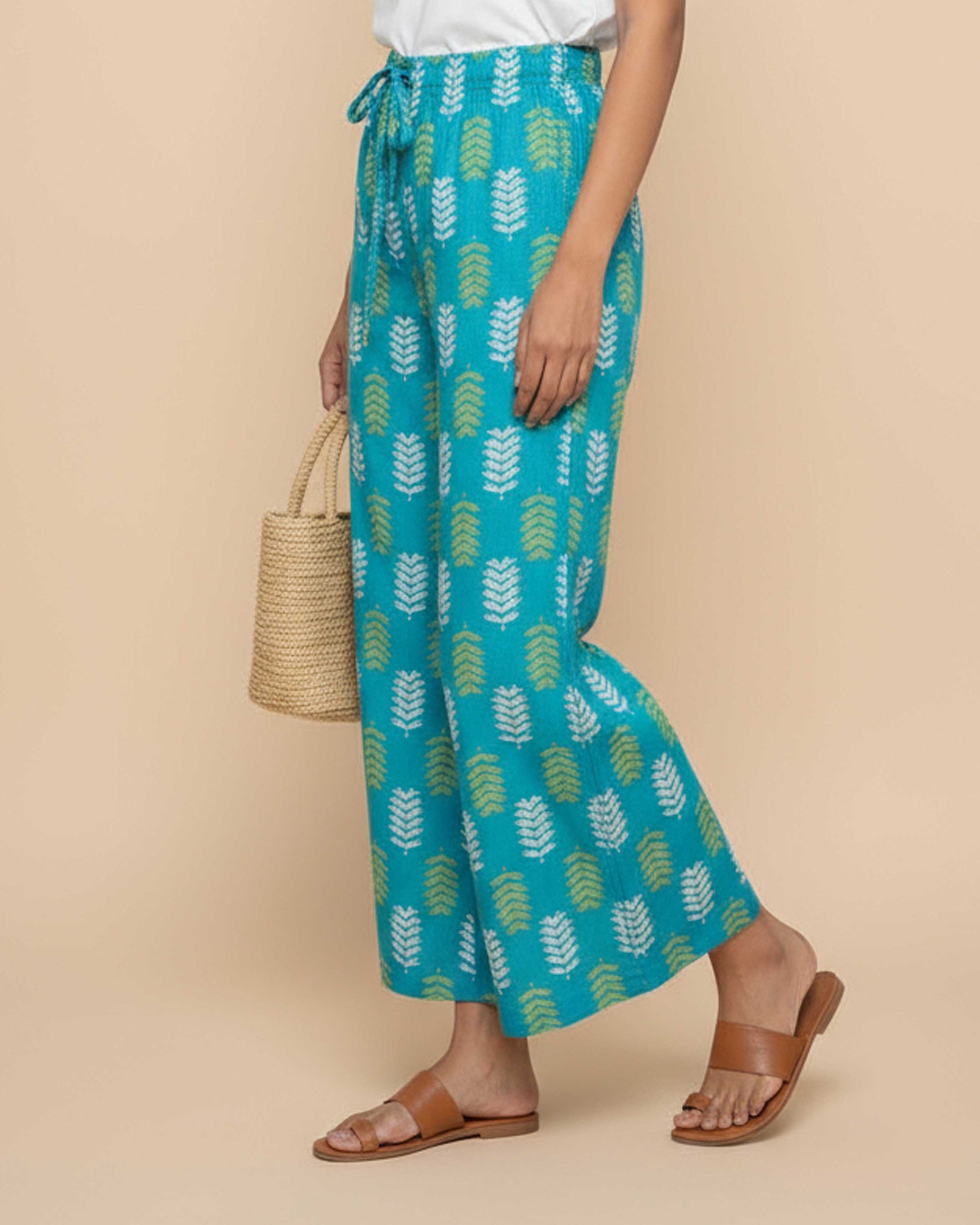 Women's Printed Wide-Leg Palazzo Pant with Elasticated Waistband - Blue-Side-Image