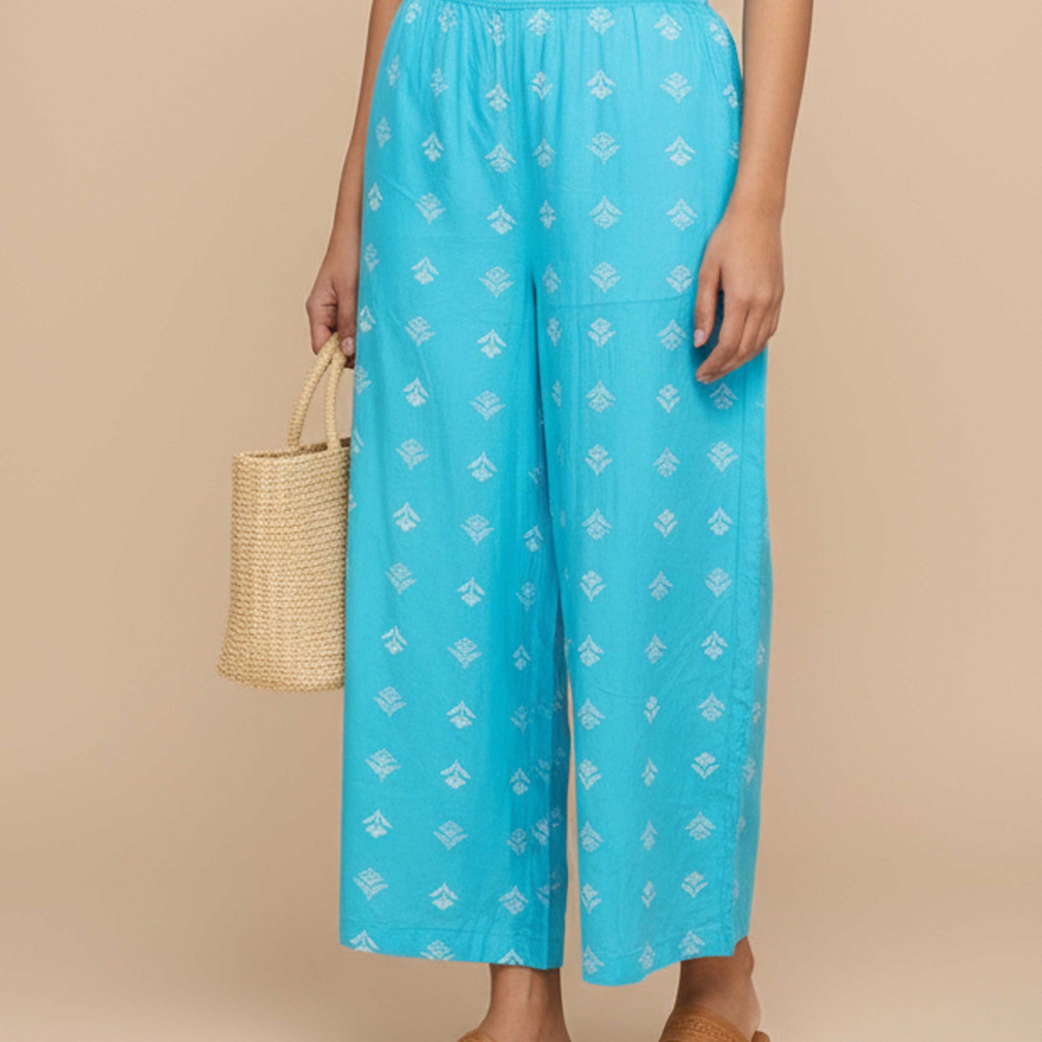 Women's Printed Wide-Leg Palazzo Pant with Elasticated Waistband - Blue