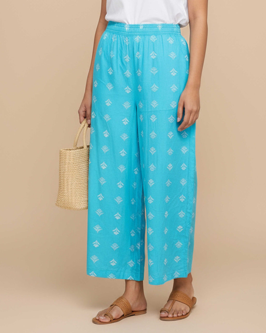 Women's Printed Wide-Leg Palazzo Pant with Elasticated Waistband - Blue