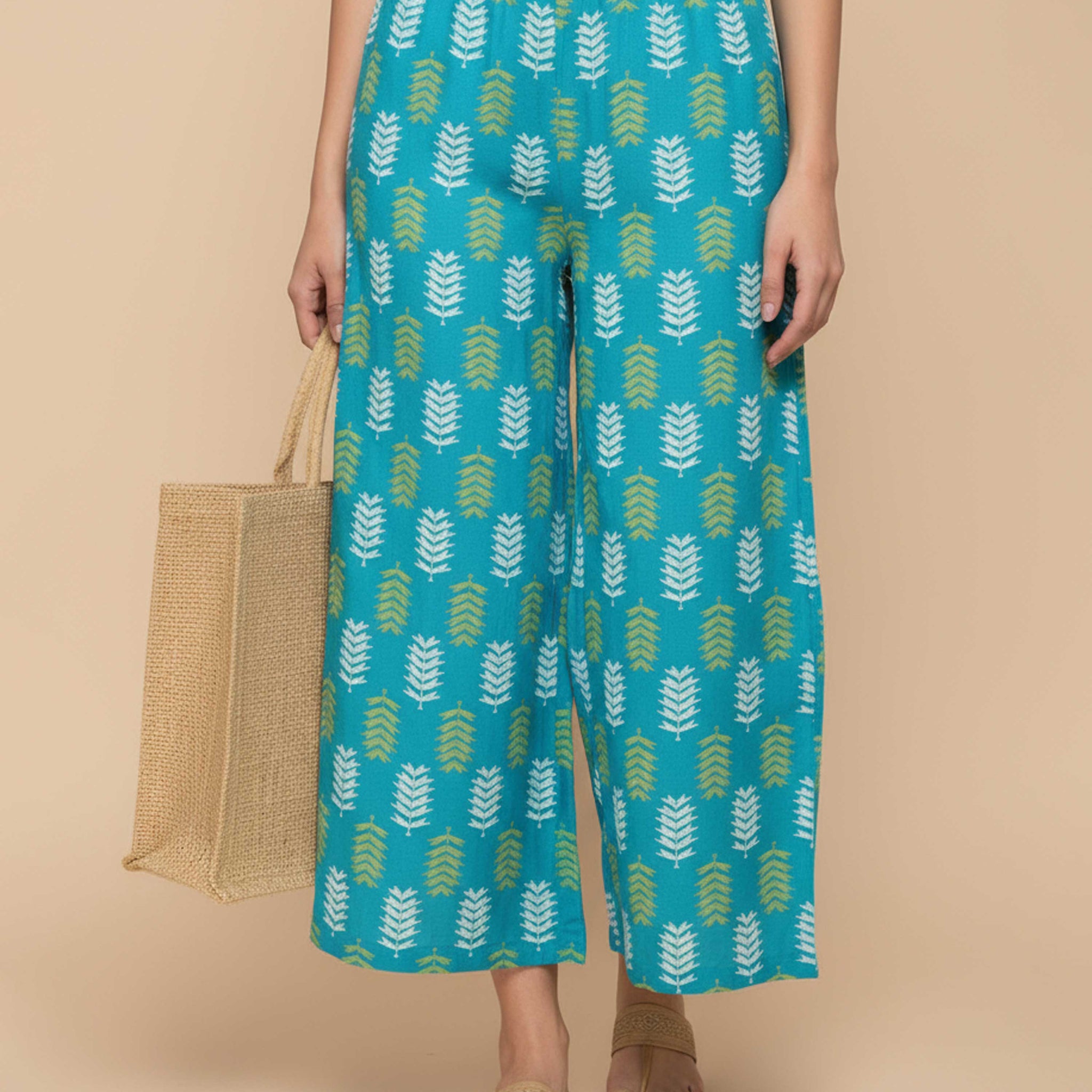 Women's Printed Wide-Leg Palazzo Pant with Elasticated Waistband - Blue - main - 