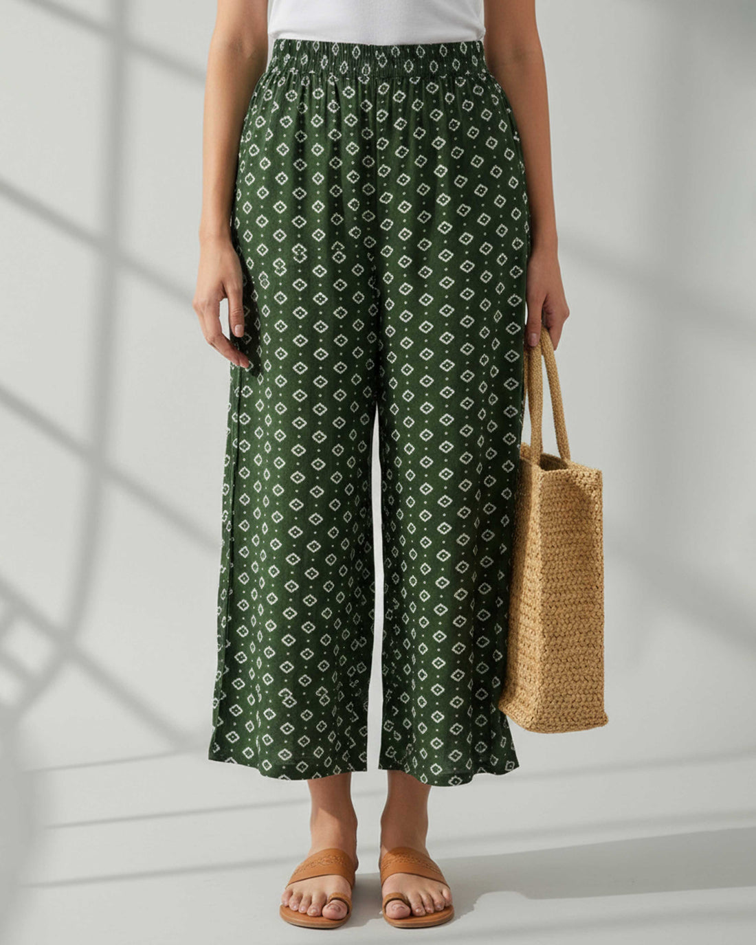 Women's Printed Wide-Leg Palazzo Pant with Elasticated Waistband - Dark Green-Printed