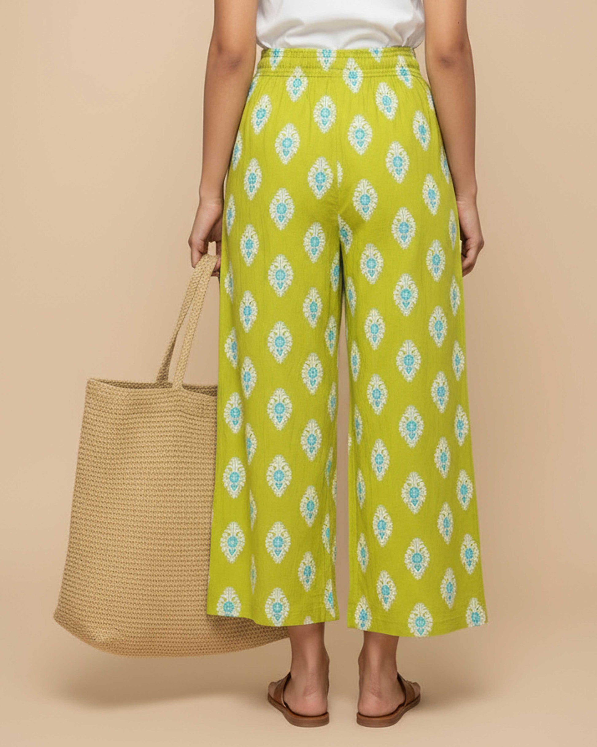 Women's Printed Wide-Leg Palazzo Pant with Elasticated Waistband - Green-Back-image