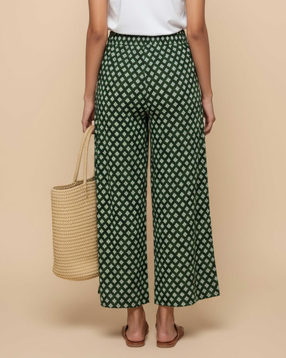Women's Printed Wide-Leg Palazzo Pant with Elasticated Waistband - Green