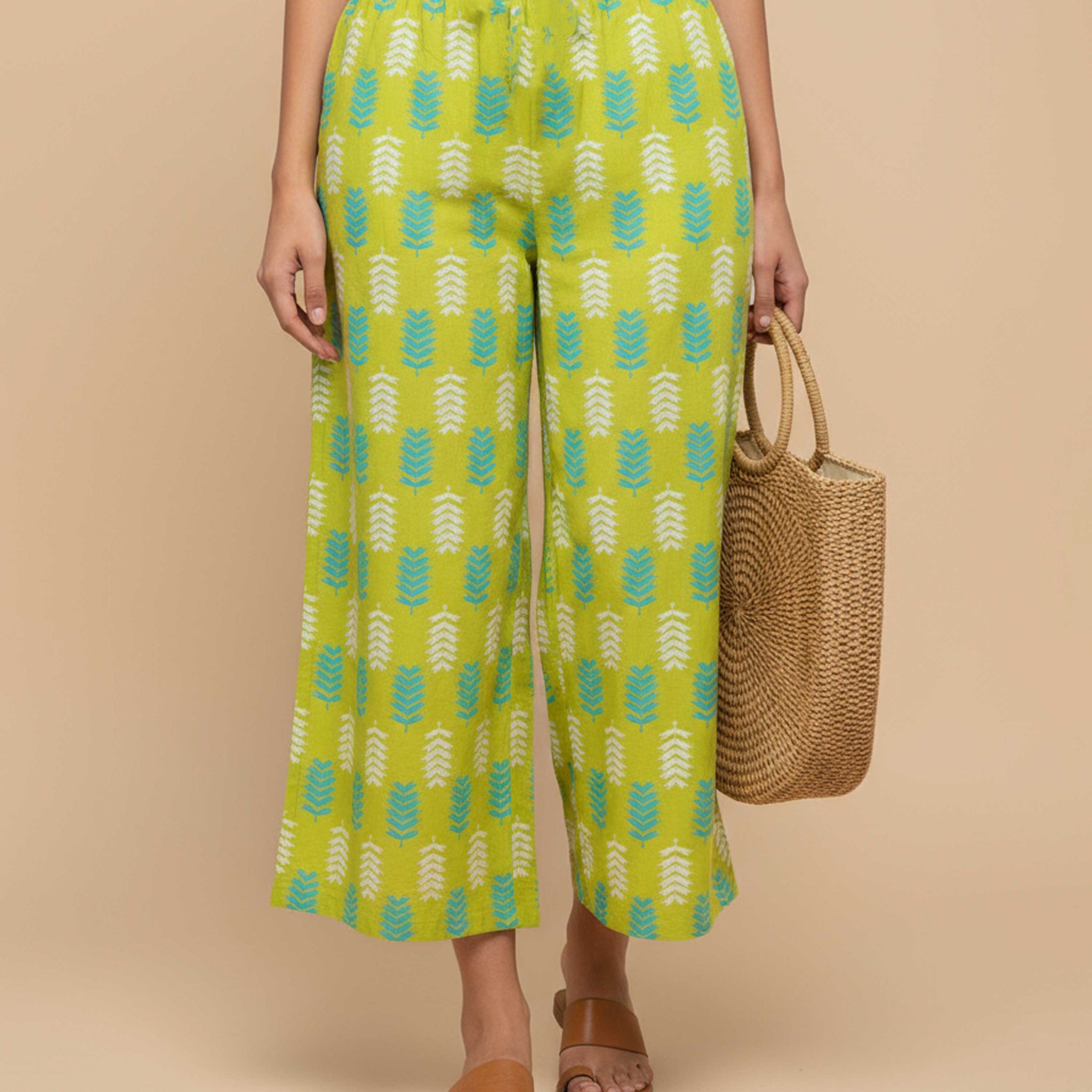 Women's Printed Wide-Leg Palazzo Pant with Elasticated Waistband - Green-FRONT