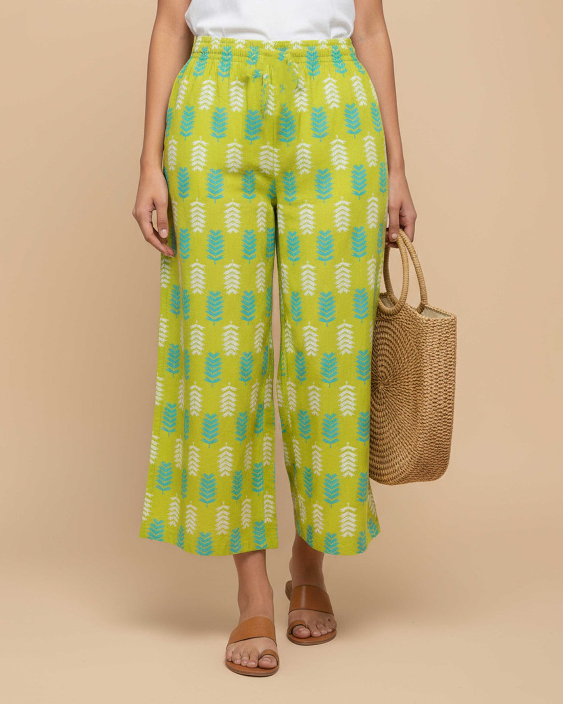Women's Printed Wide-Leg Palazzo Pant with Elasticated Waistband - Green-FRONT