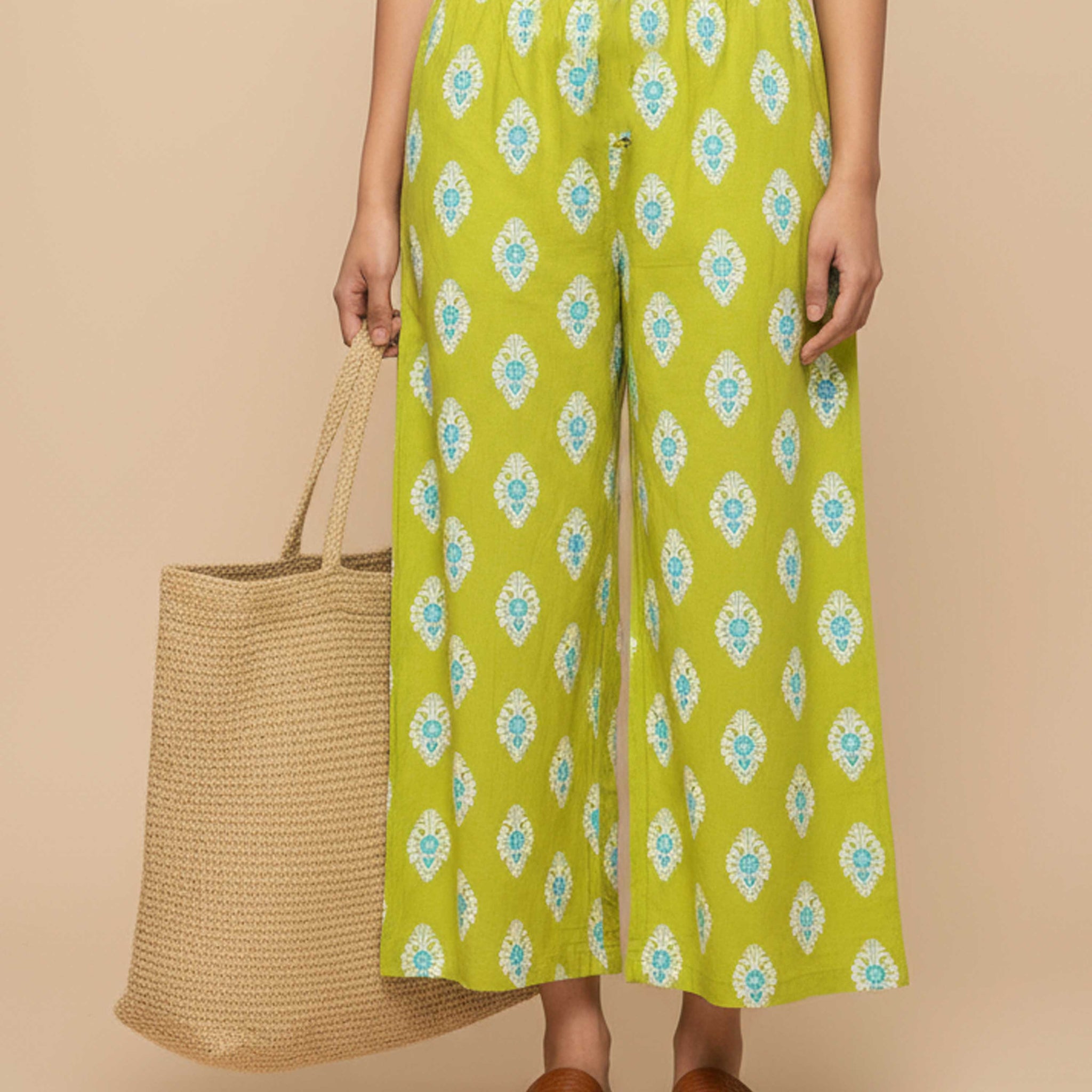 Women's Printed Wide-Leg Palazzo Pant with Elasticated Waistband - Green-Main