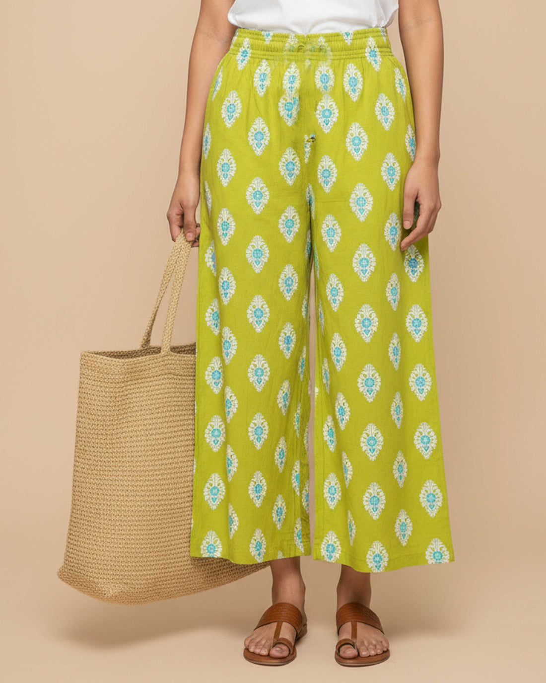 Women's Printed Wide-Leg Palazzo Pant with Elasticated Waistband - Green-Main