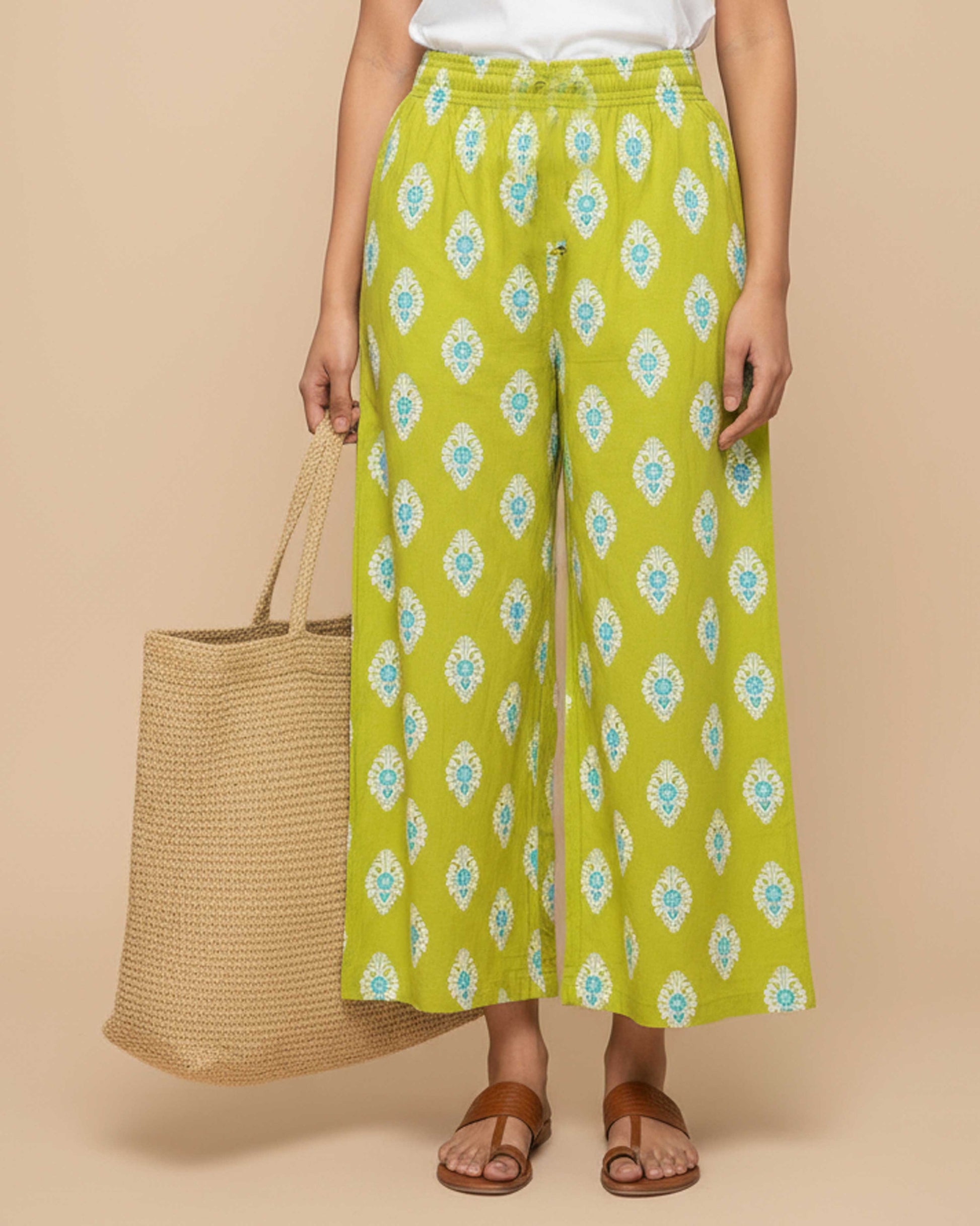 Women's Printed Wide-Leg Palazzo Pant with Elasticated Waistband - Green-Main