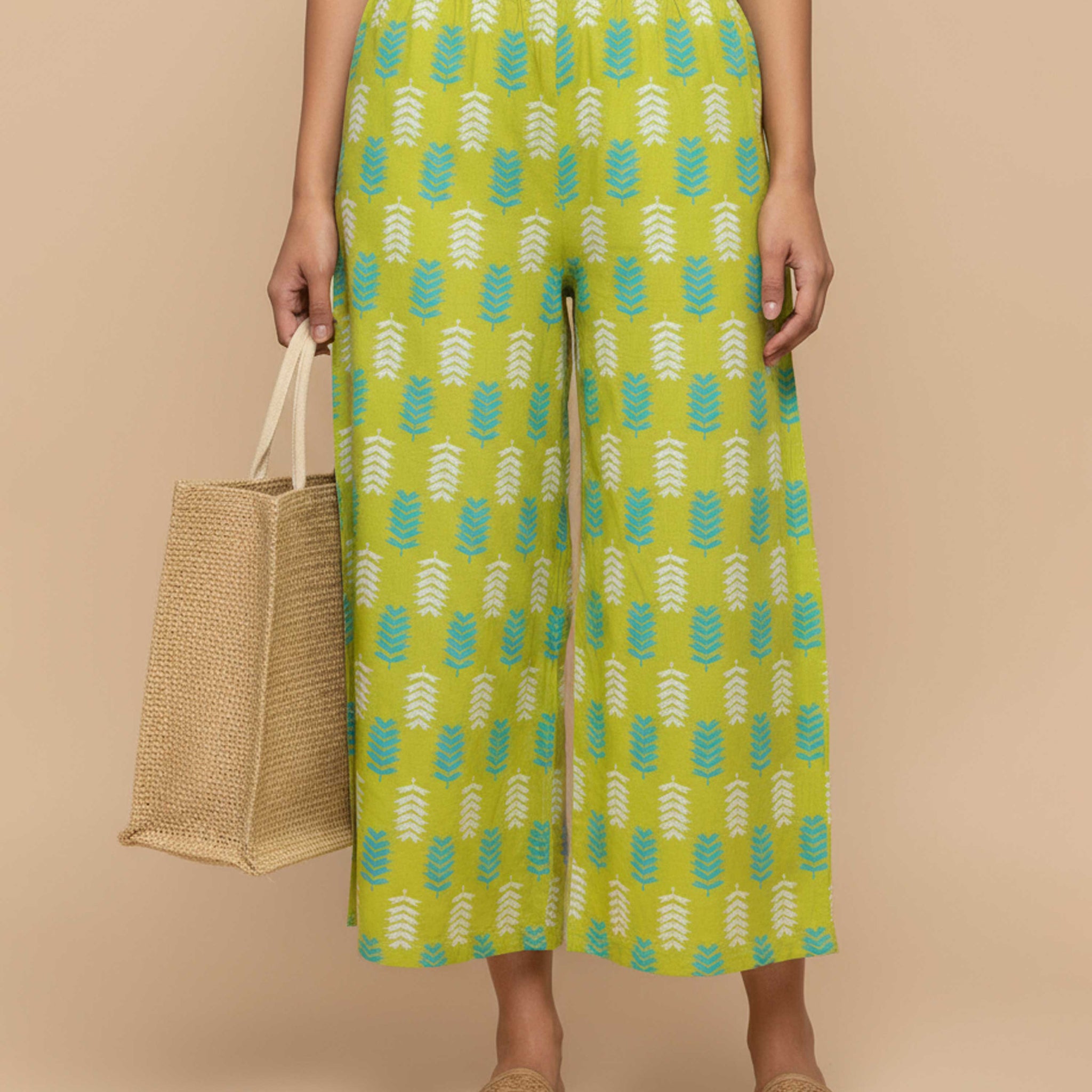 Women's Printed Wide-Leg Palazzo Pant with Elasticated Waistband - Green-Printed