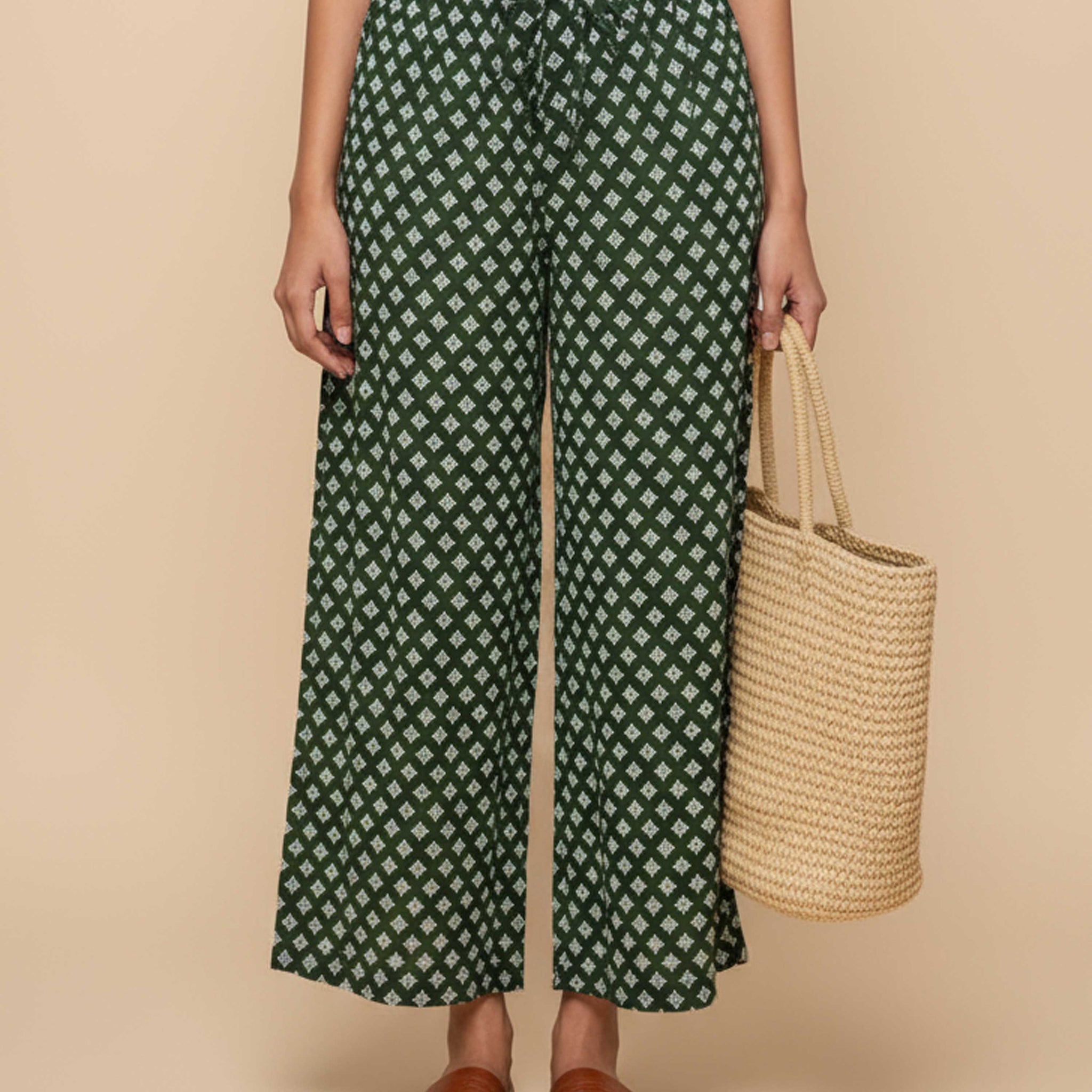 Women's Printed Wide-Leg Palazzo Pant with Elasticated Waistband - Green