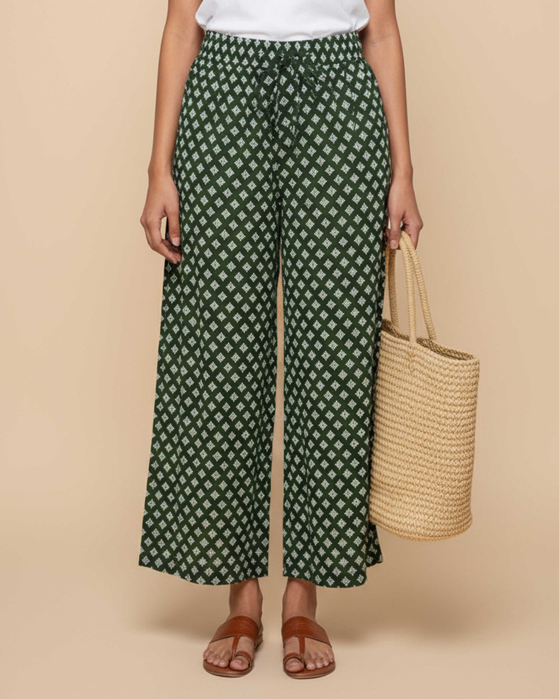 Women's Printed Wide-Leg Palazzo Pant with Elasticated Waistband - Green