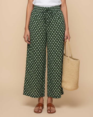 Women's Printed Wide-Leg Palazzo Pant with Elasticated Waistband - Green