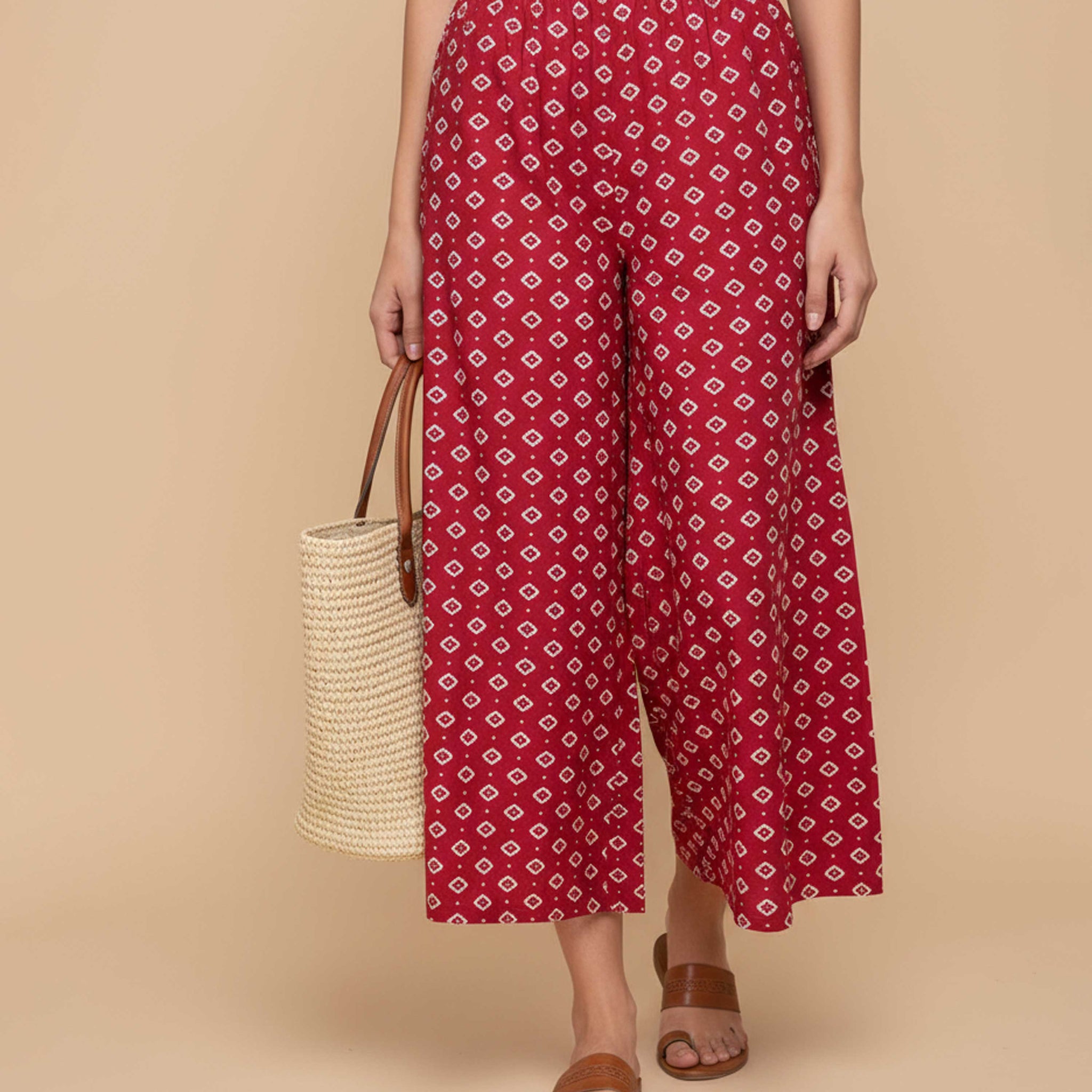 Women's Printed Wide-Leg Palazzo Pant with Elasticated Waistband - Maroon-MAIN