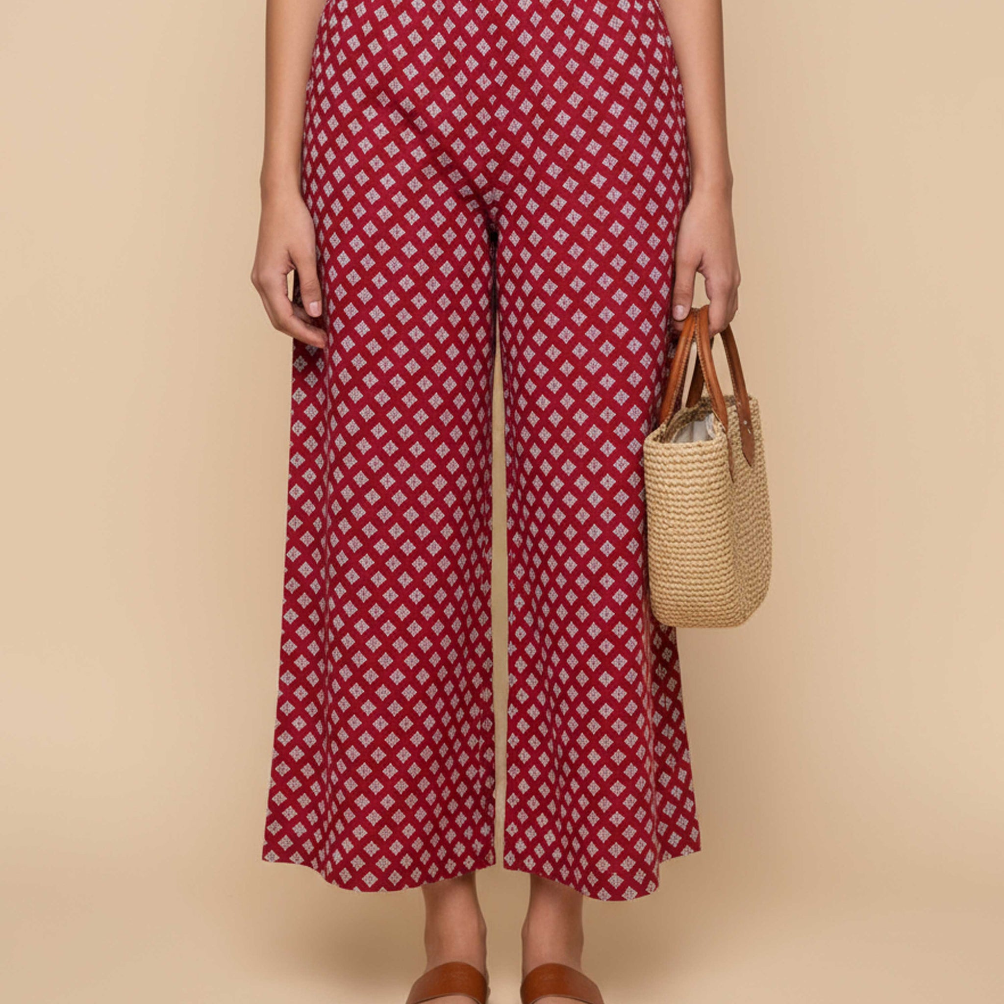 Women's Printed Wide-Leg Palazzo Pant with Elasticated Waistband - Maroon