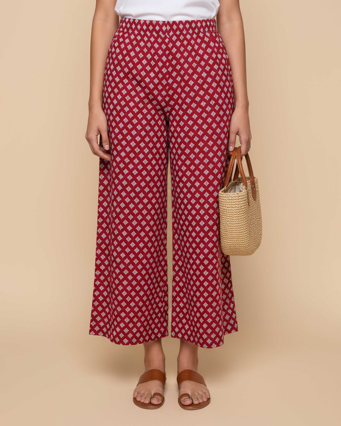 Women's Printed Wide-Leg Palazzo Pant with Elasticated Waistband - Maroon