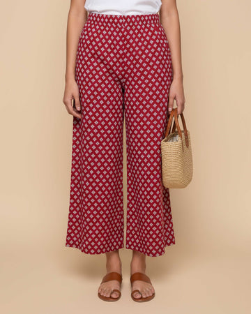 Women's Printed Wide-Leg Palazzo Pant with Elasticated Waistband - Maroon