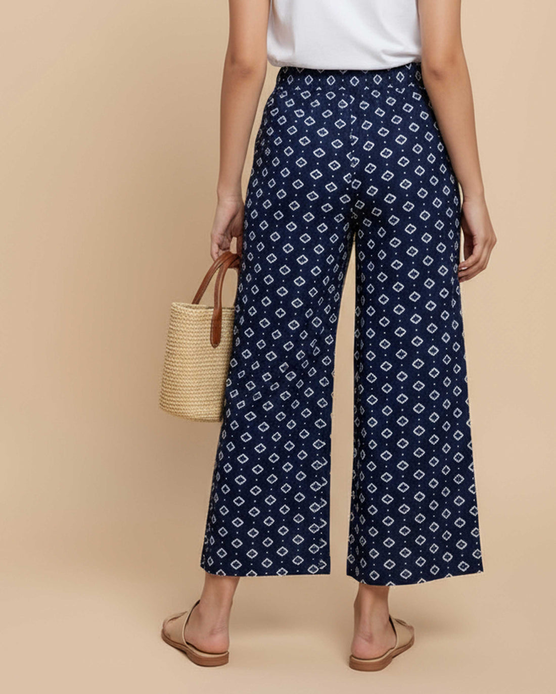 Women's Printed Wide-Leg Palazzo Pant with Elasticated Waistband - Navy Blue-Front