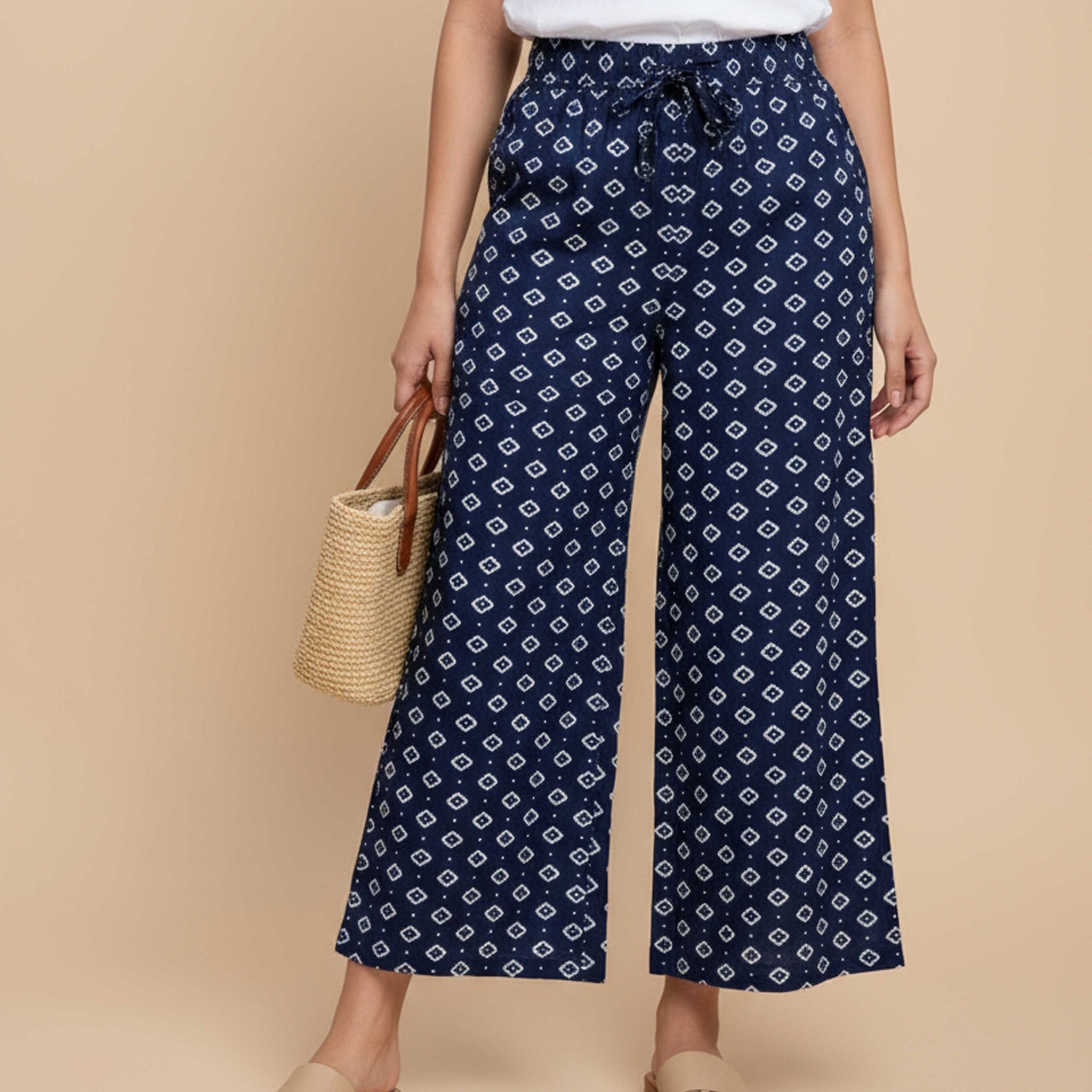 Women's Printed Wide-Leg Palazzo Pant with Elasticated Waistband - Navy Blue-Front