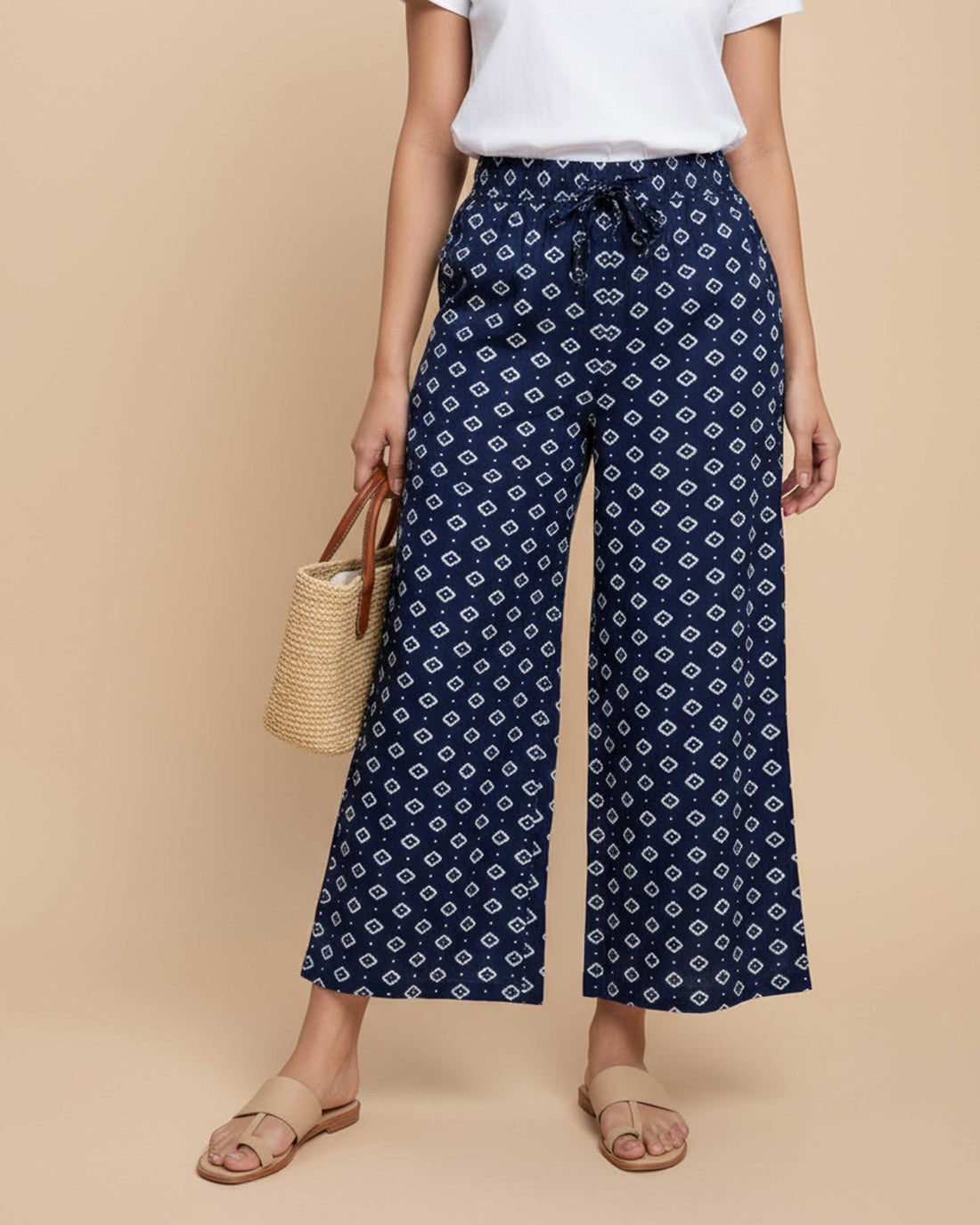 Women's Printed Wide-Leg Palazzo Pant with Elasticated Waistband - Navy Blue-Front