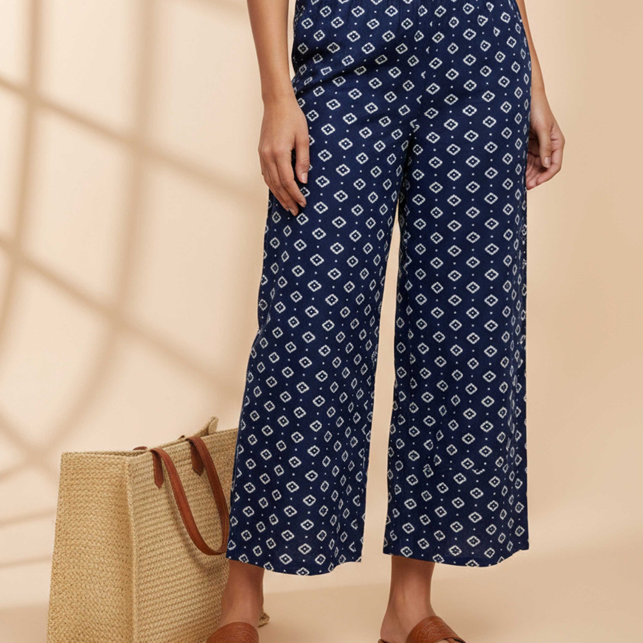 Women's Printed Wide-Leg Palazzo Pant with Elasticated Waistband - Navy Blue-Main