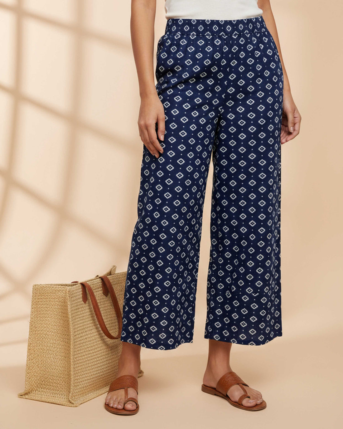 Women's Printed Wide-Leg Palazzo Pant with Elasticated Waistband - Navy Blue-Main