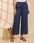 Women's Printed Wide-Leg Palazzo Pant with Elasticated Waistband - Navy Blue-Main