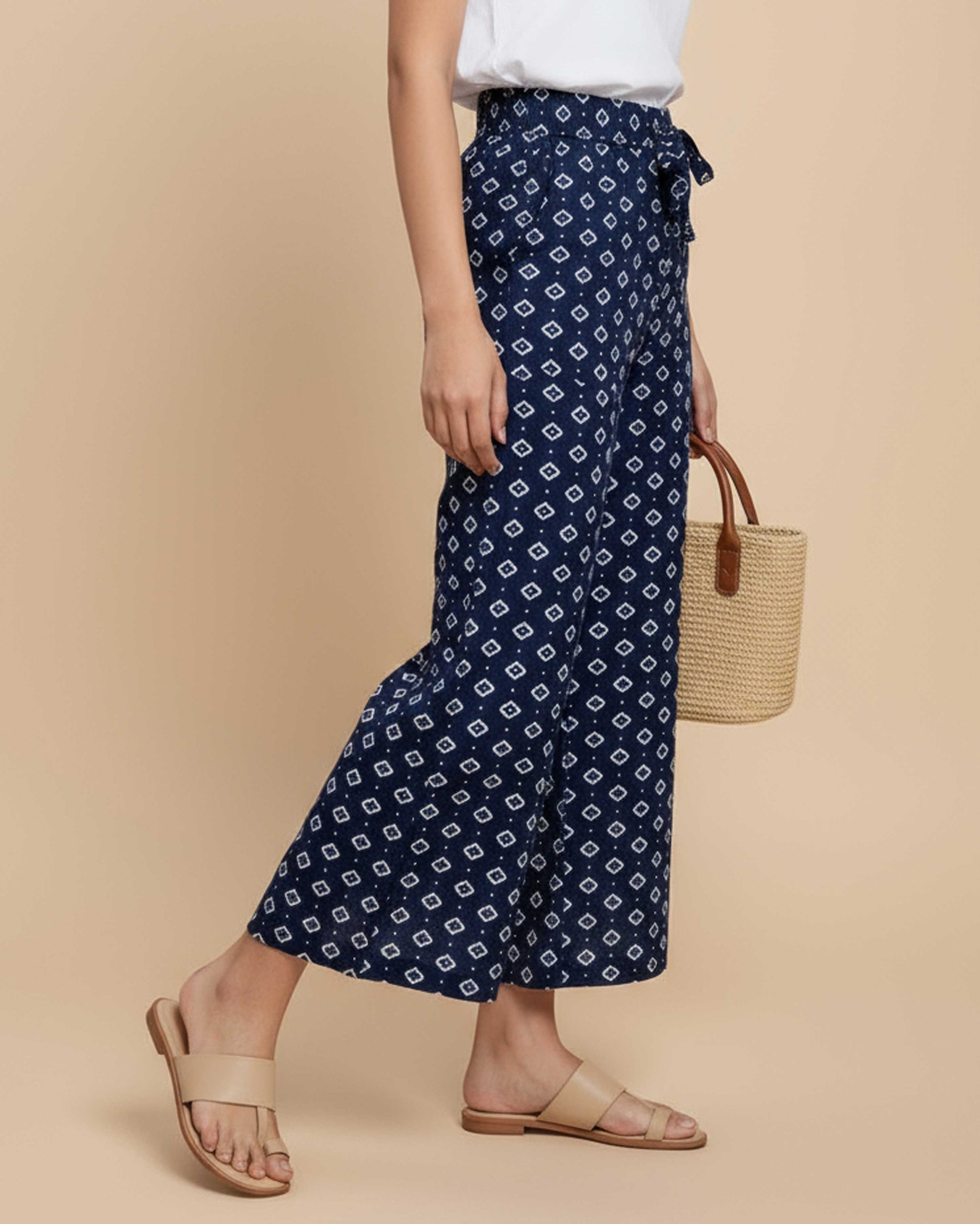 Women's Printed Wide-Leg Palazzo Pant with Elasticated Waistband - Navy Blue-Side-image