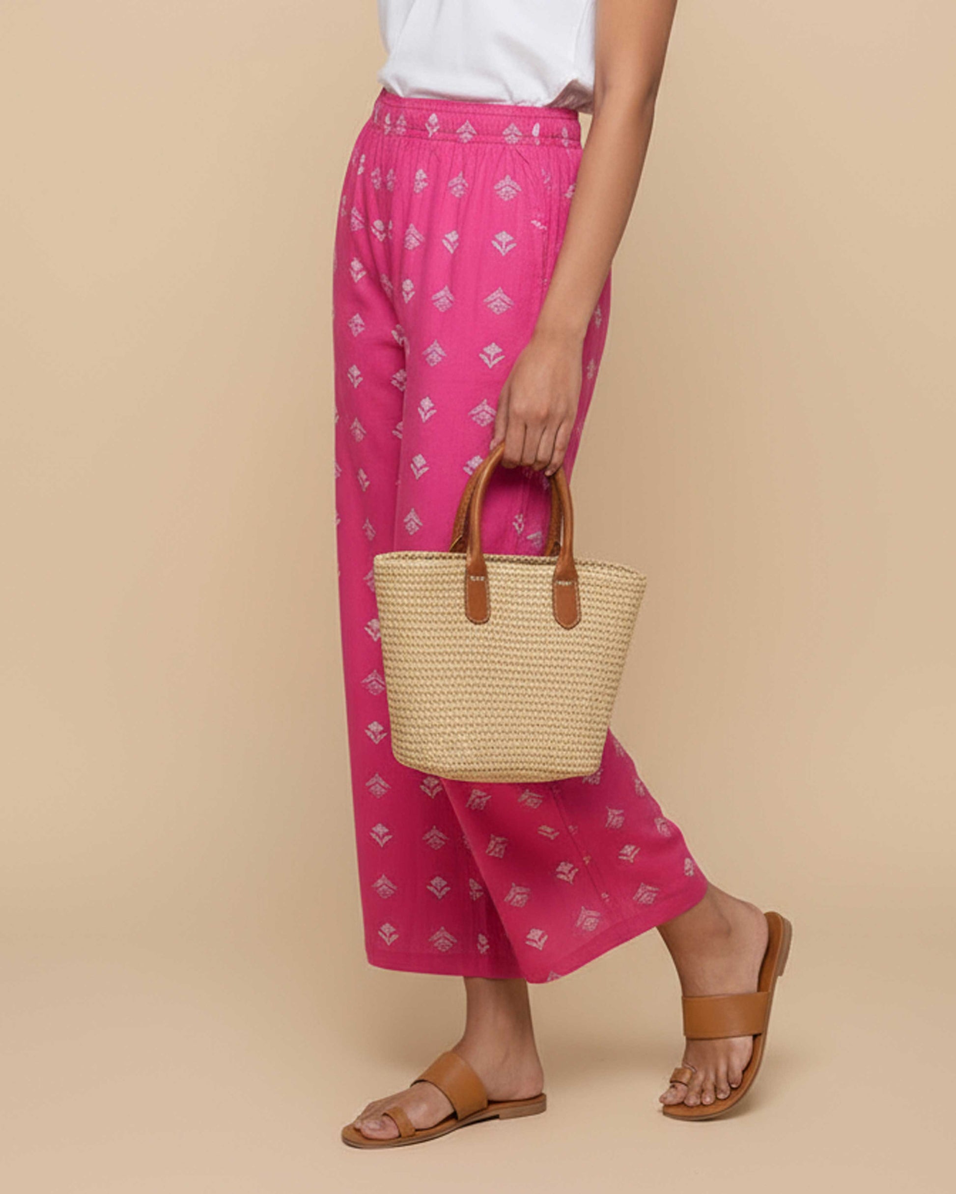 Women's Printed Wide-Leg Palazzo Pant with Elasticated Waistband - Pink-Back-Side
